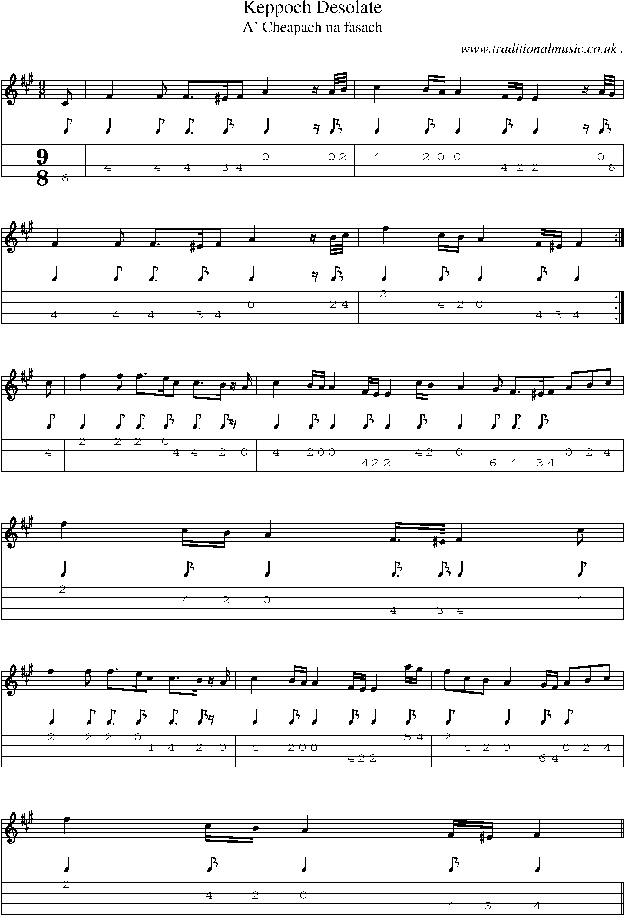 Sheet-music  score, Chords and Mandolin Tabs for Keppoch Desolate