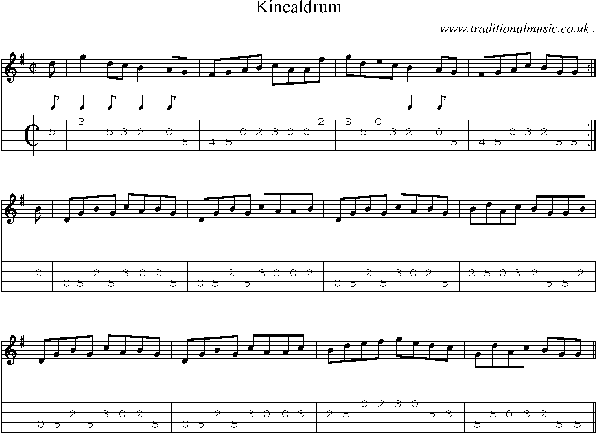 Sheet-music  score, Chords and Mandolin Tabs for Kincaldrum