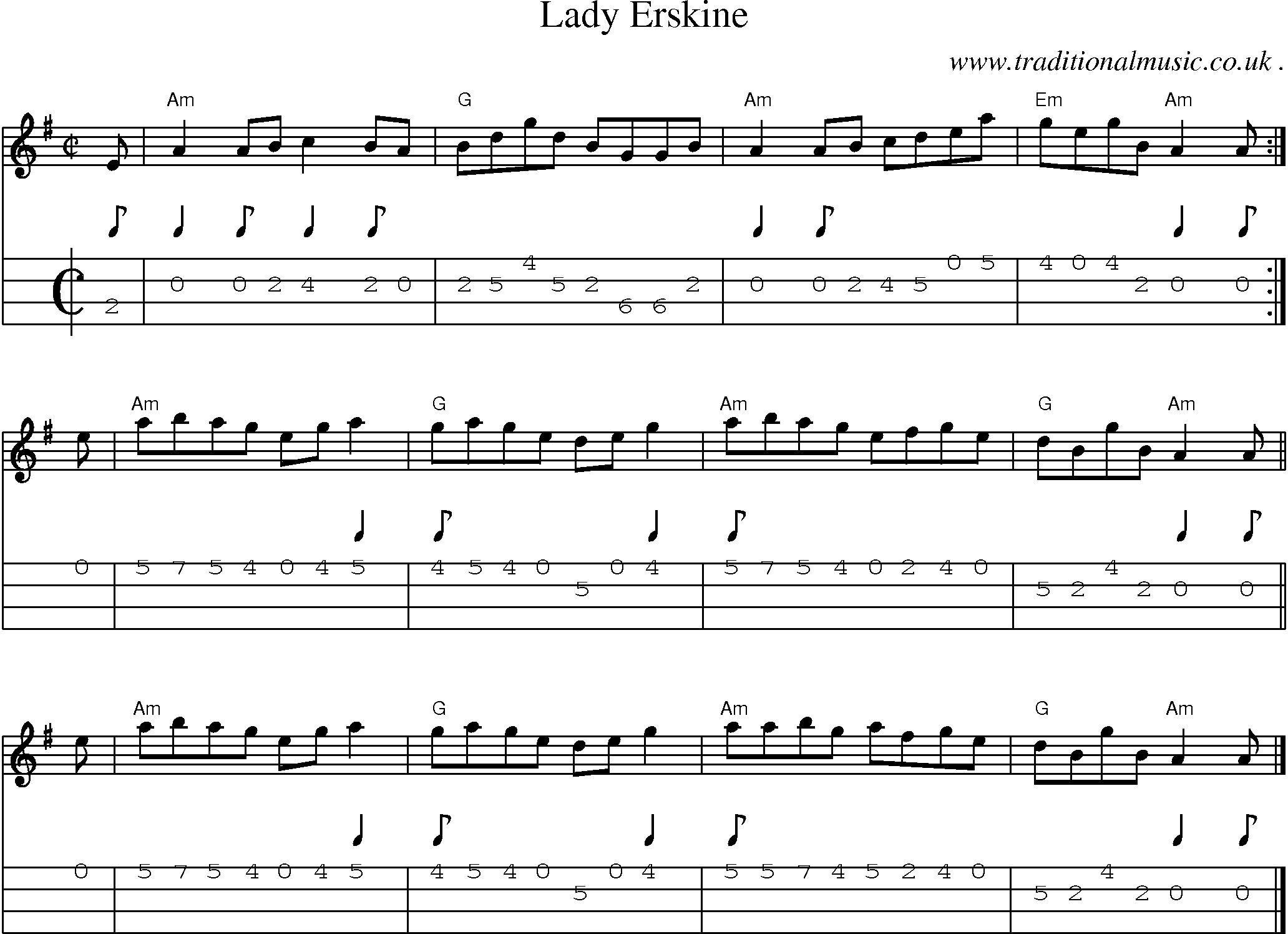 Sheet-music  score, Chords and Mandolin Tabs for Lady Erskine