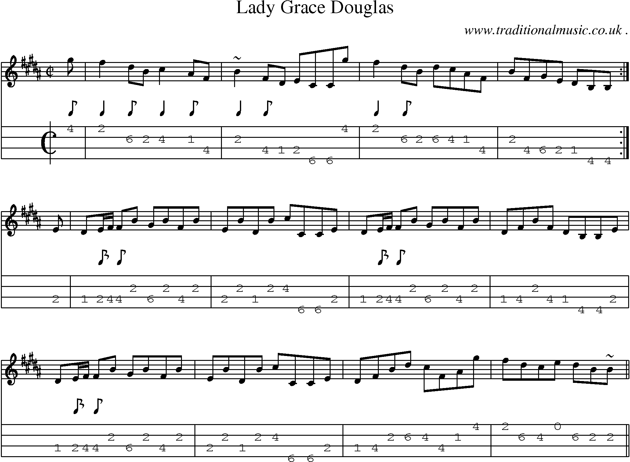 Sheet-music  score, Chords and Mandolin Tabs for Lady Grace Douglas