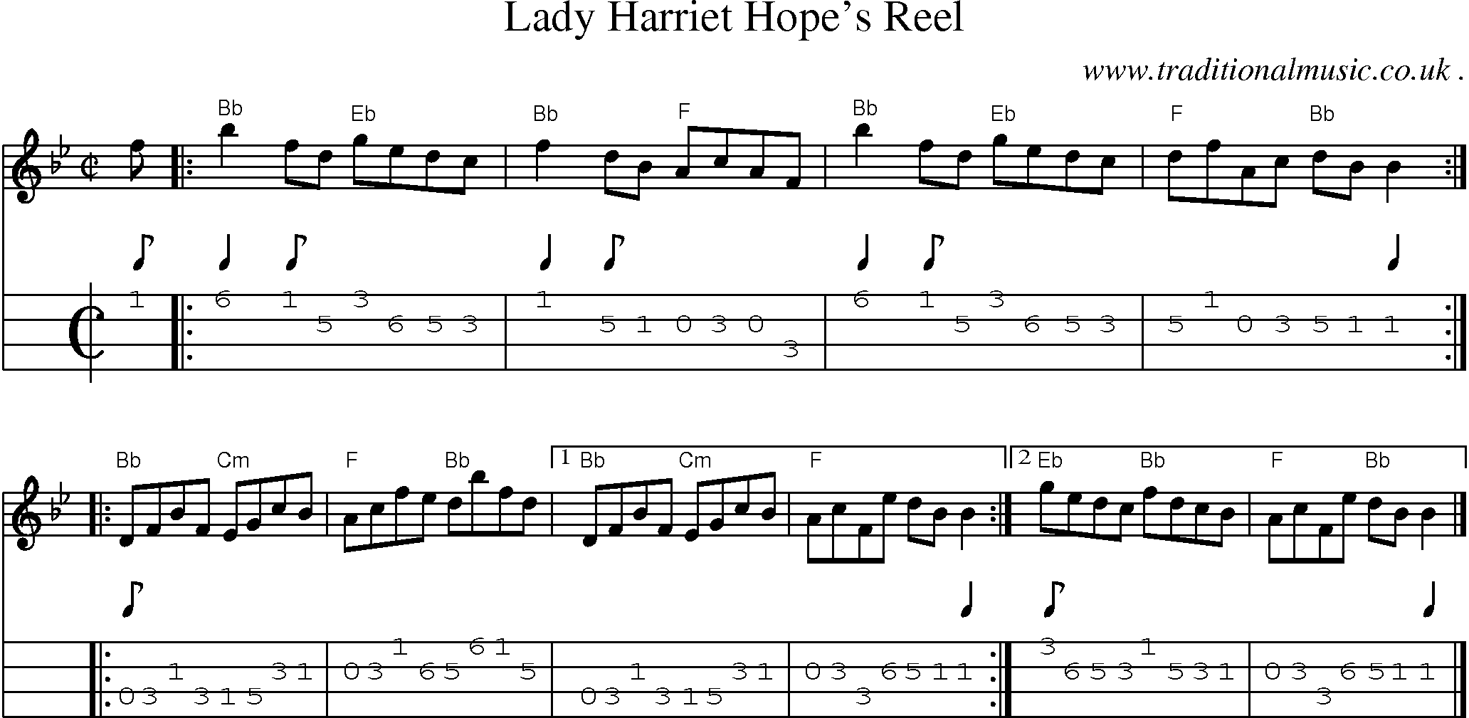 Sheet-music  score, Chords and Mandolin Tabs for Lady Harriet Hopes Reel