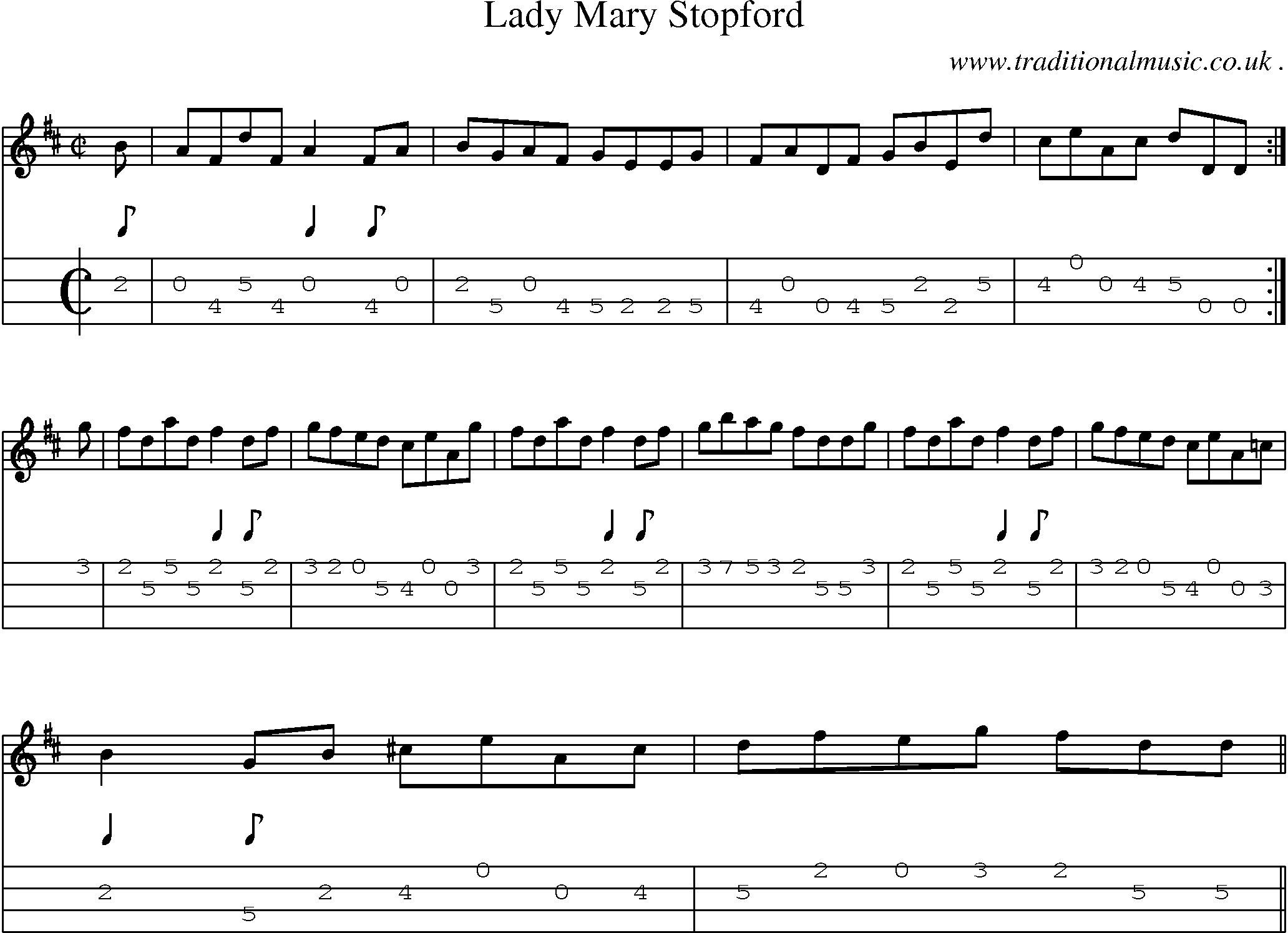 Sheet-music  score, Chords and Mandolin Tabs for Lady Mary Stopford