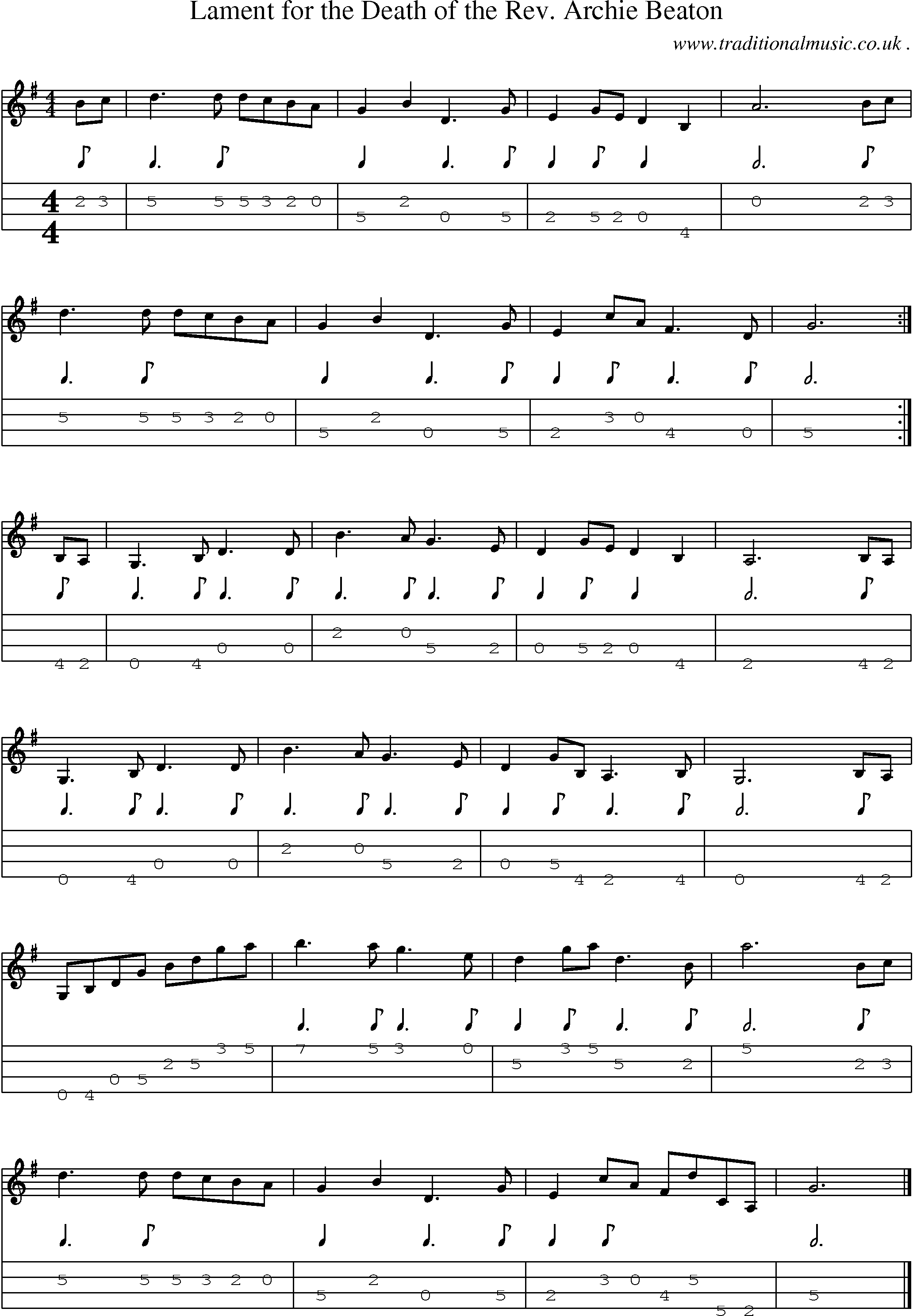 Sheet-music  score, Chords and Mandolin Tabs for Lament For The Death Of The Rev Archie Beaton