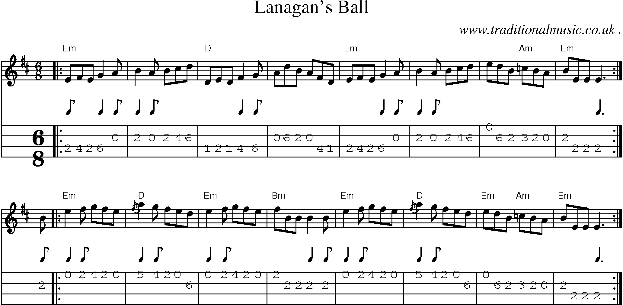 Sheet-music  score, Chords and Mandolin Tabs for Lanagans Ball