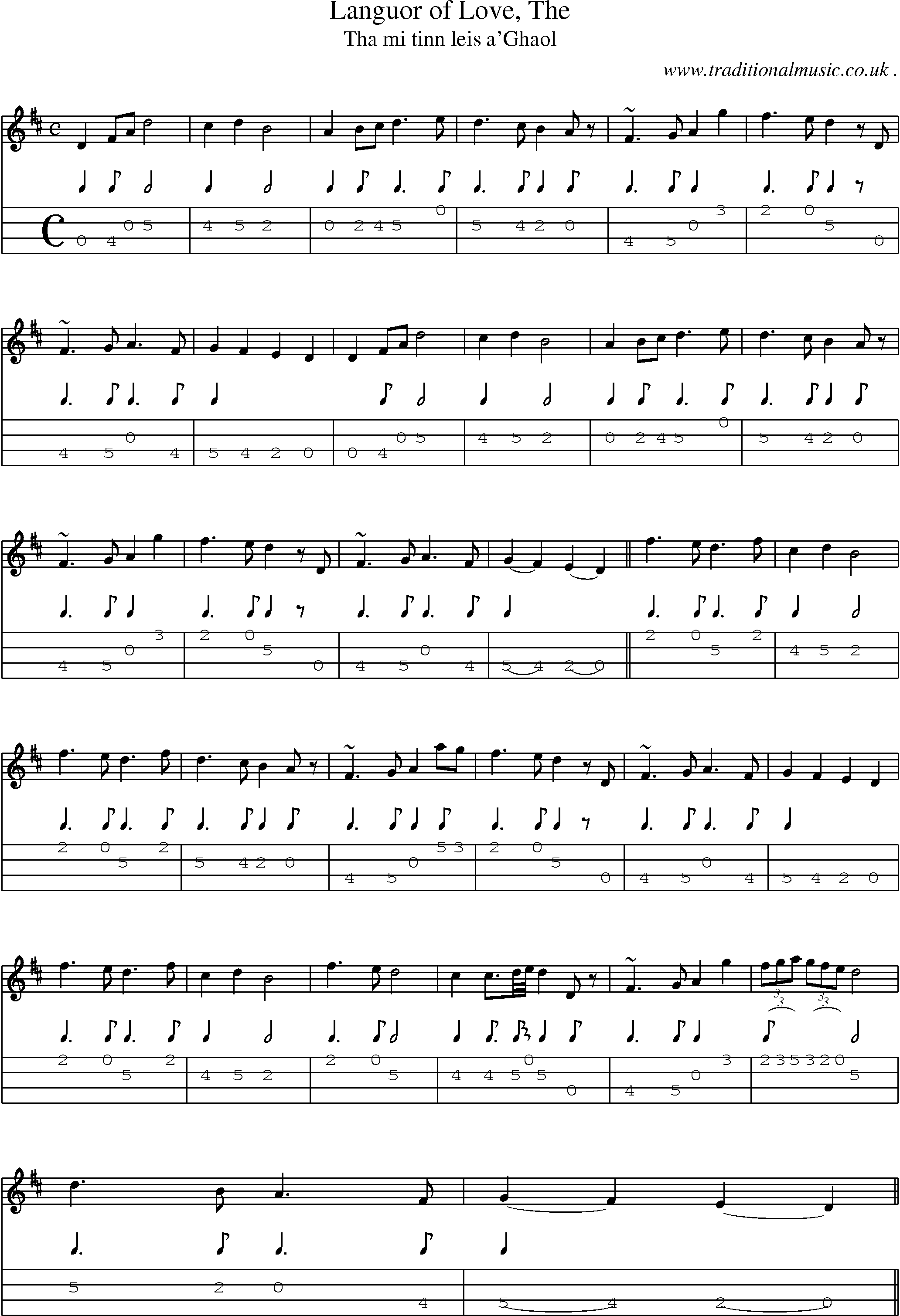 Sheet-music  score, Chords and Mandolin Tabs for Languor Of Love The