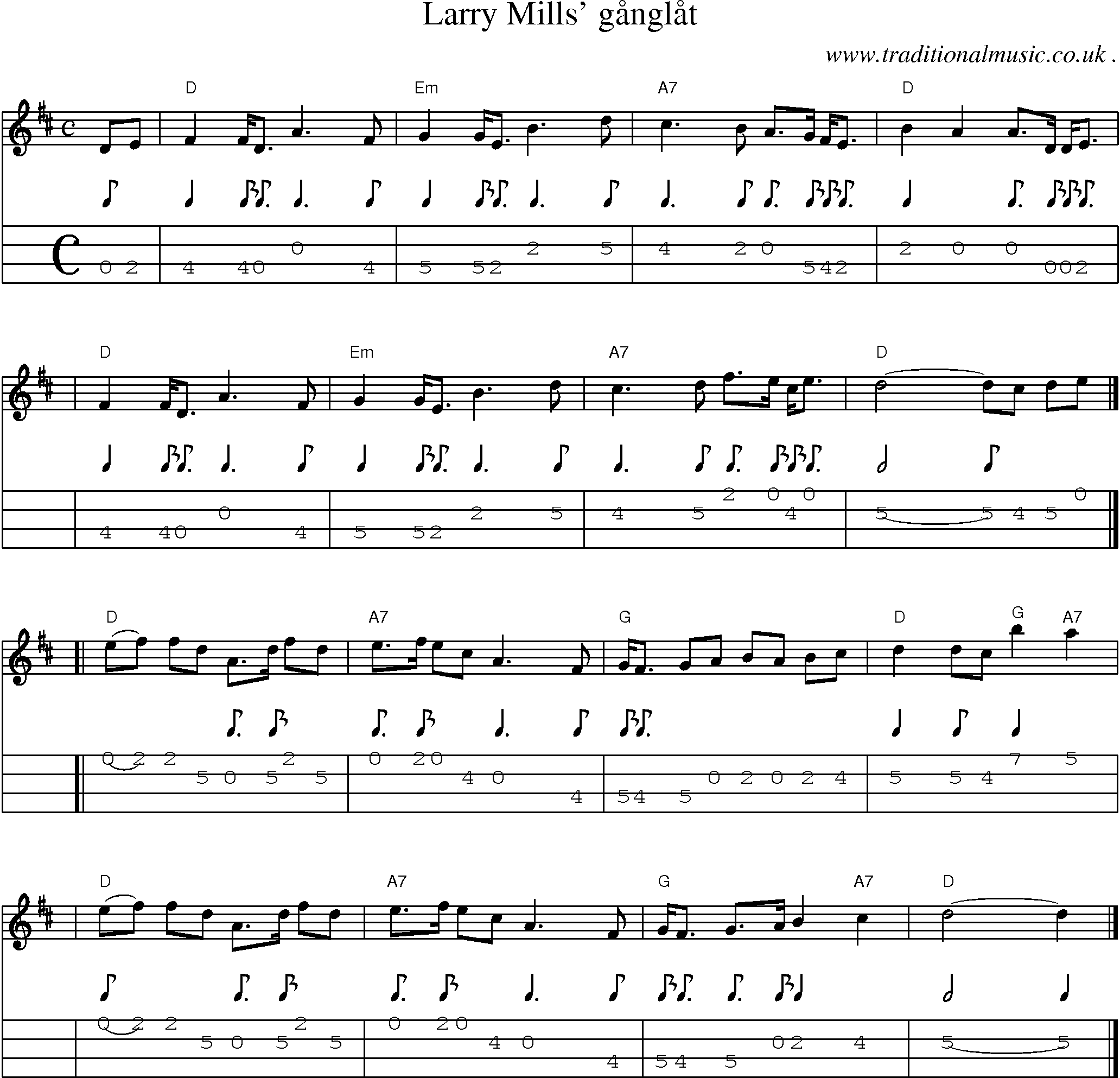 Sheet-music  score, Chords and Mandolin Tabs for Larry Mills Gaanglaat