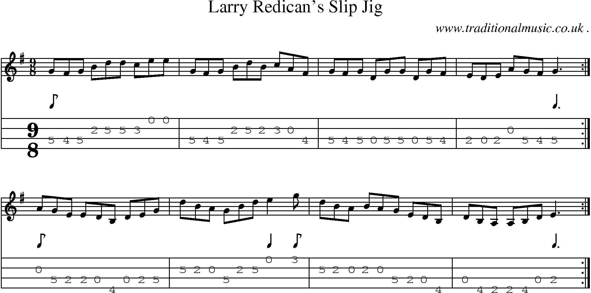 Sheet-music  score, Chords and Mandolin Tabs for Larry Redicans Slip Jig