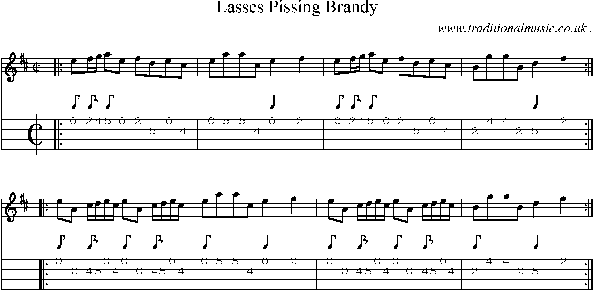 Sheet-music  score, Chords and Mandolin Tabs for Lasses Pissing Brandy
