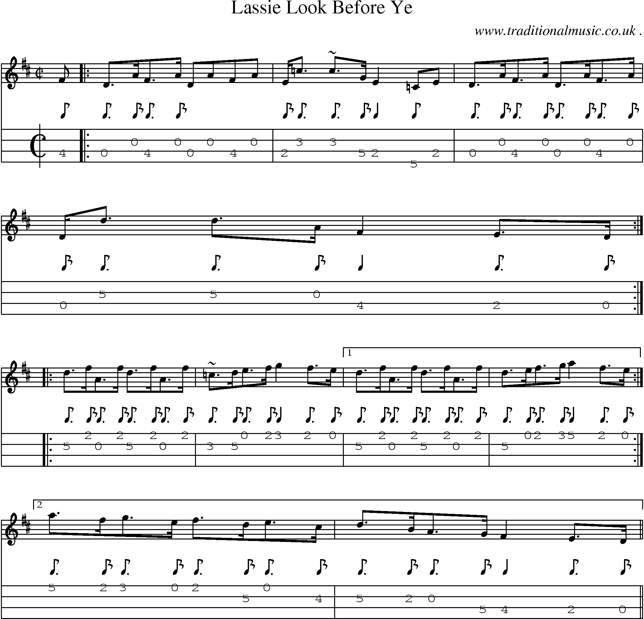 Sheet-music  score, Chords and Mandolin Tabs for Lassie Look Before Ye