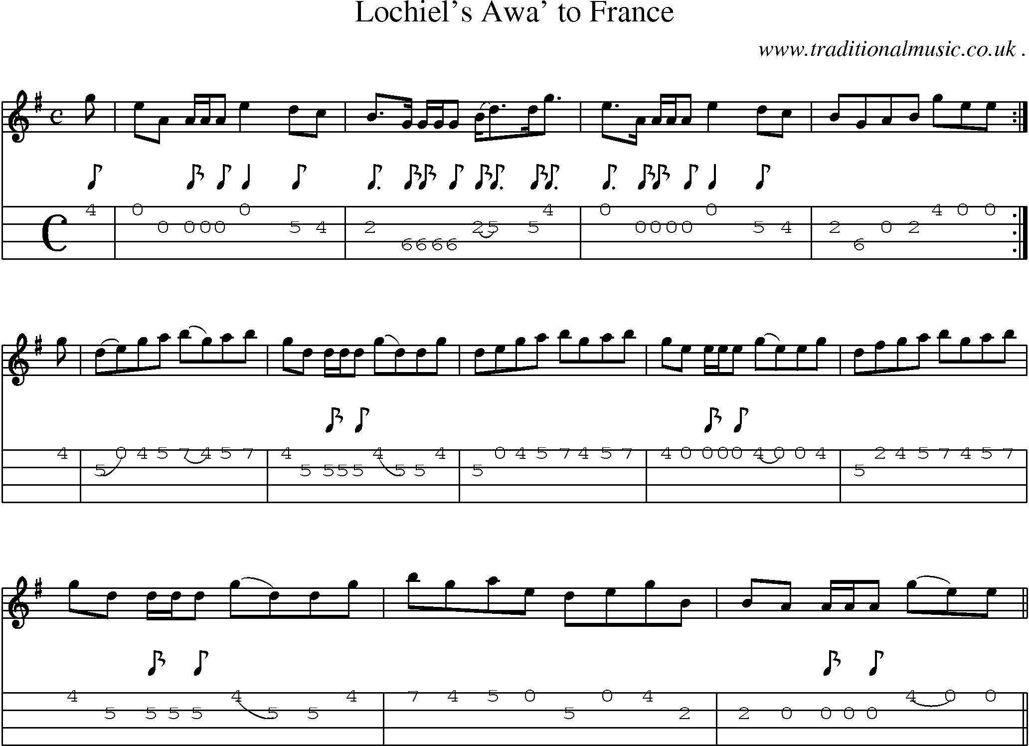 Sheet-music  score, Chords and Mandolin Tabs for Lochiels Awa To France