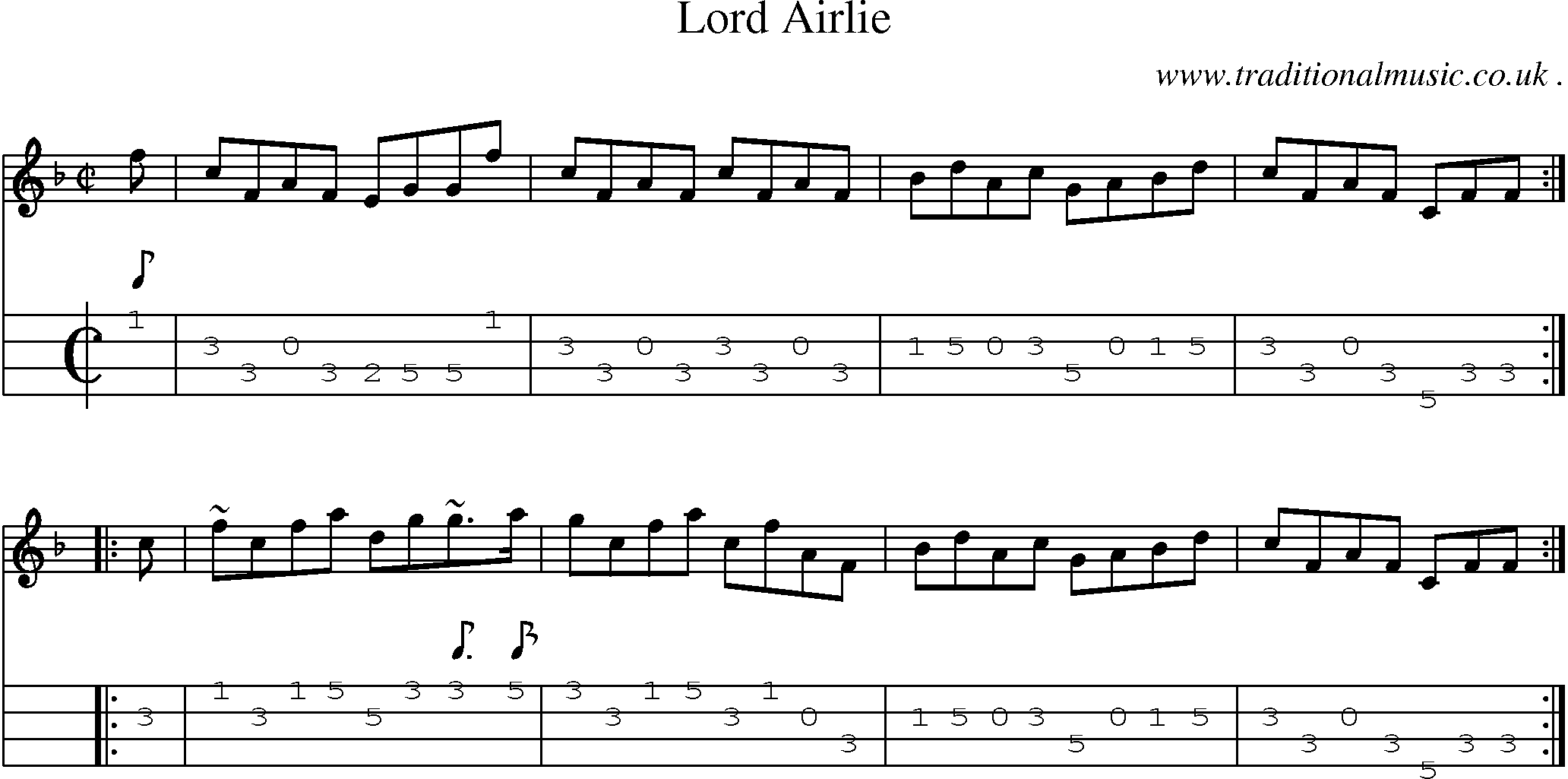 Sheet-music  score, Chords and Mandolin Tabs for Lord Airlie