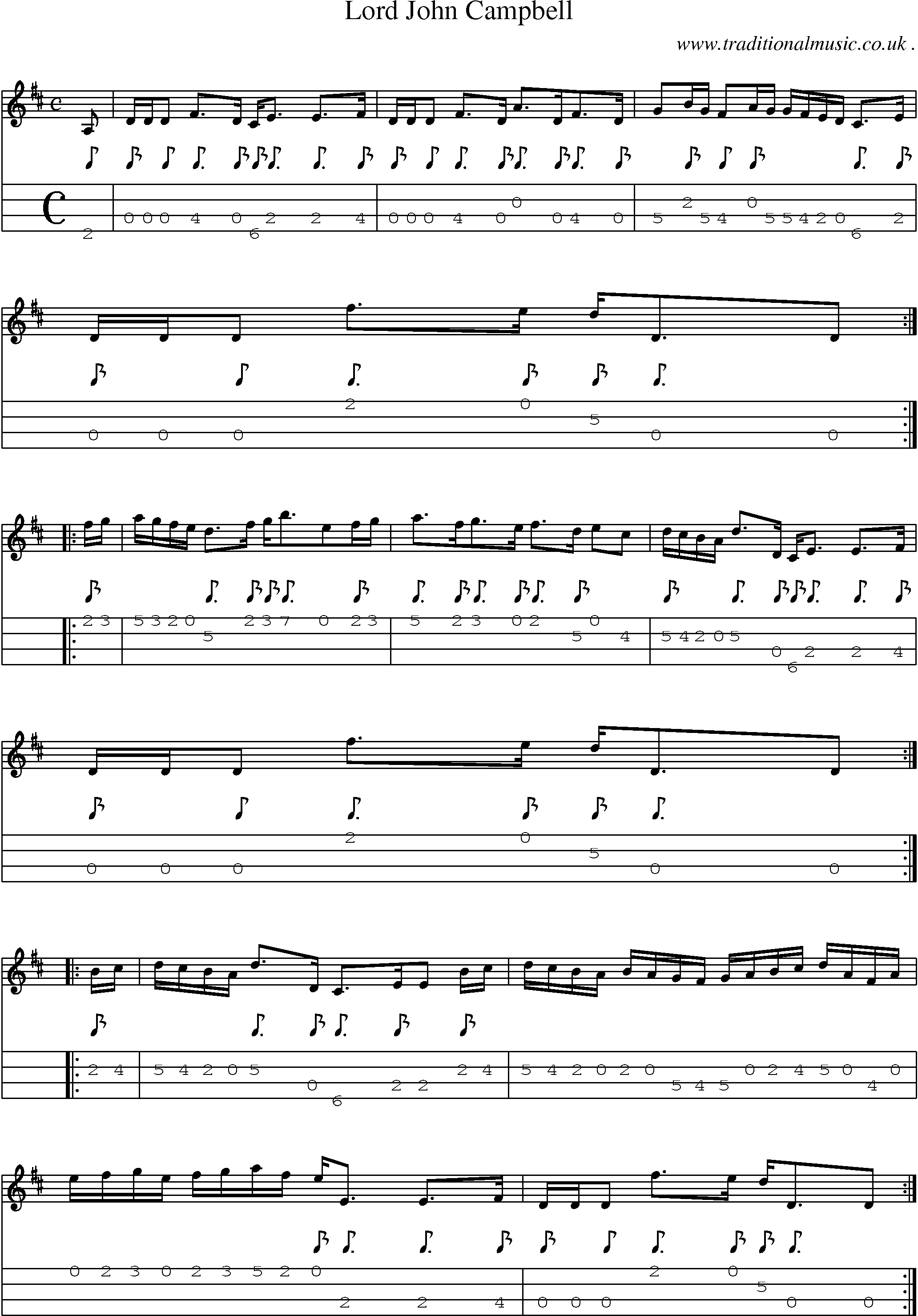 Sheet-music  score, Chords and Mandolin Tabs for Lord John Campbell
