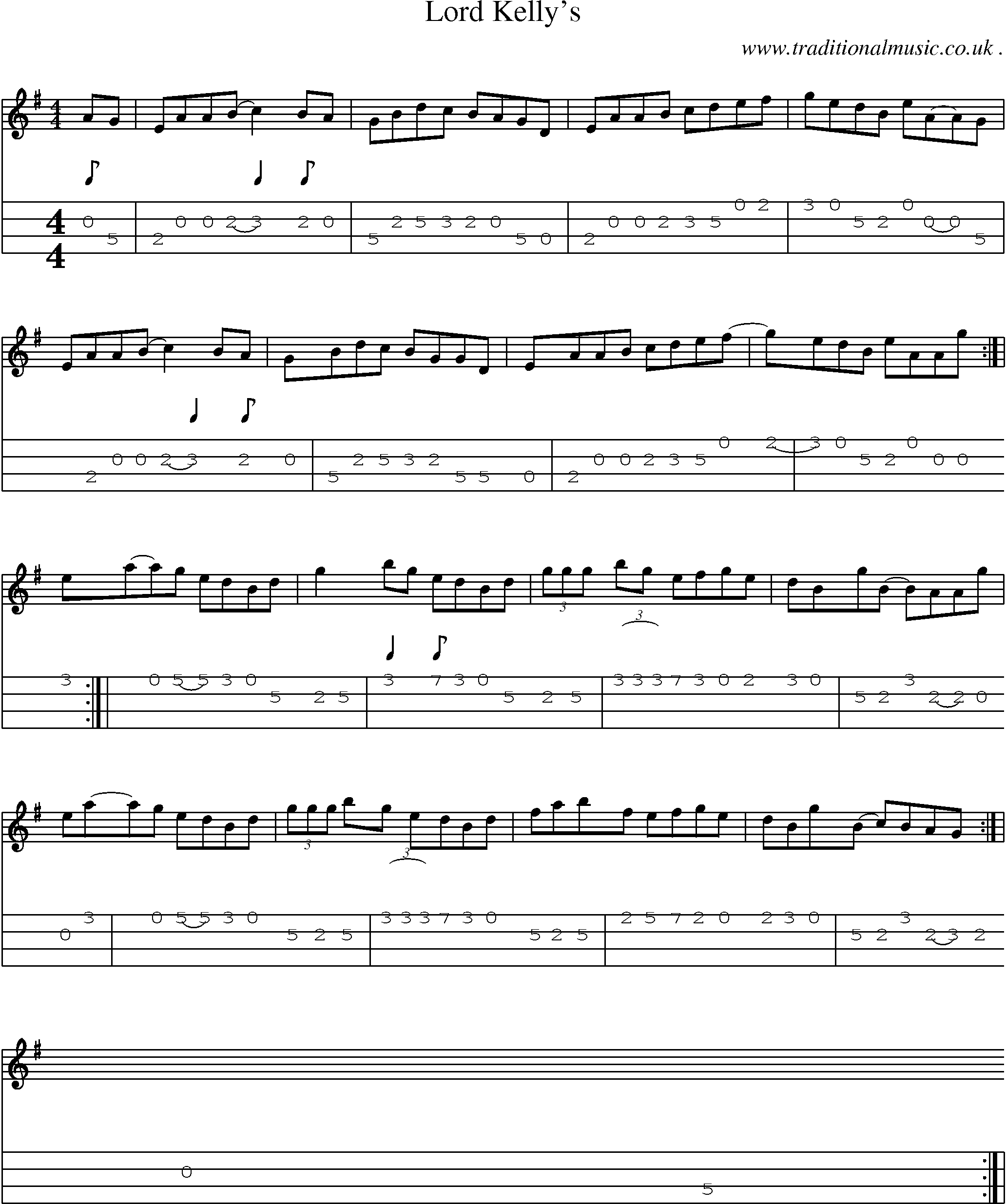 Sheet-music  score, Chords and Mandolin Tabs for Lord Kellys