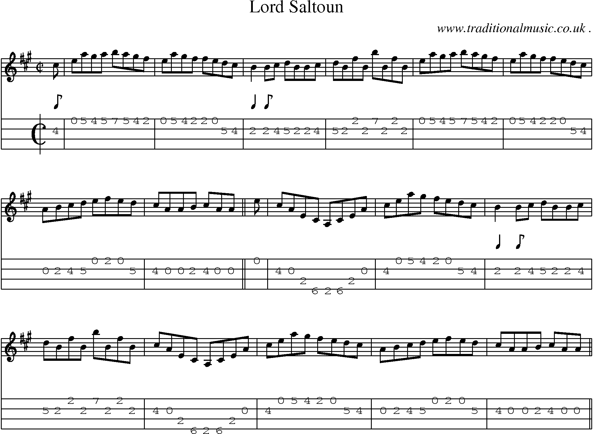 Sheet-music  score, Chords and Mandolin Tabs for Lord Saltoun