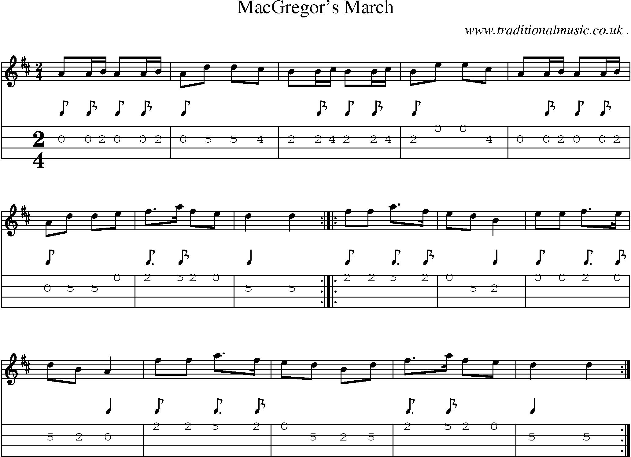 Sheet-music  score, Chords and Mandolin Tabs for Macgregors March