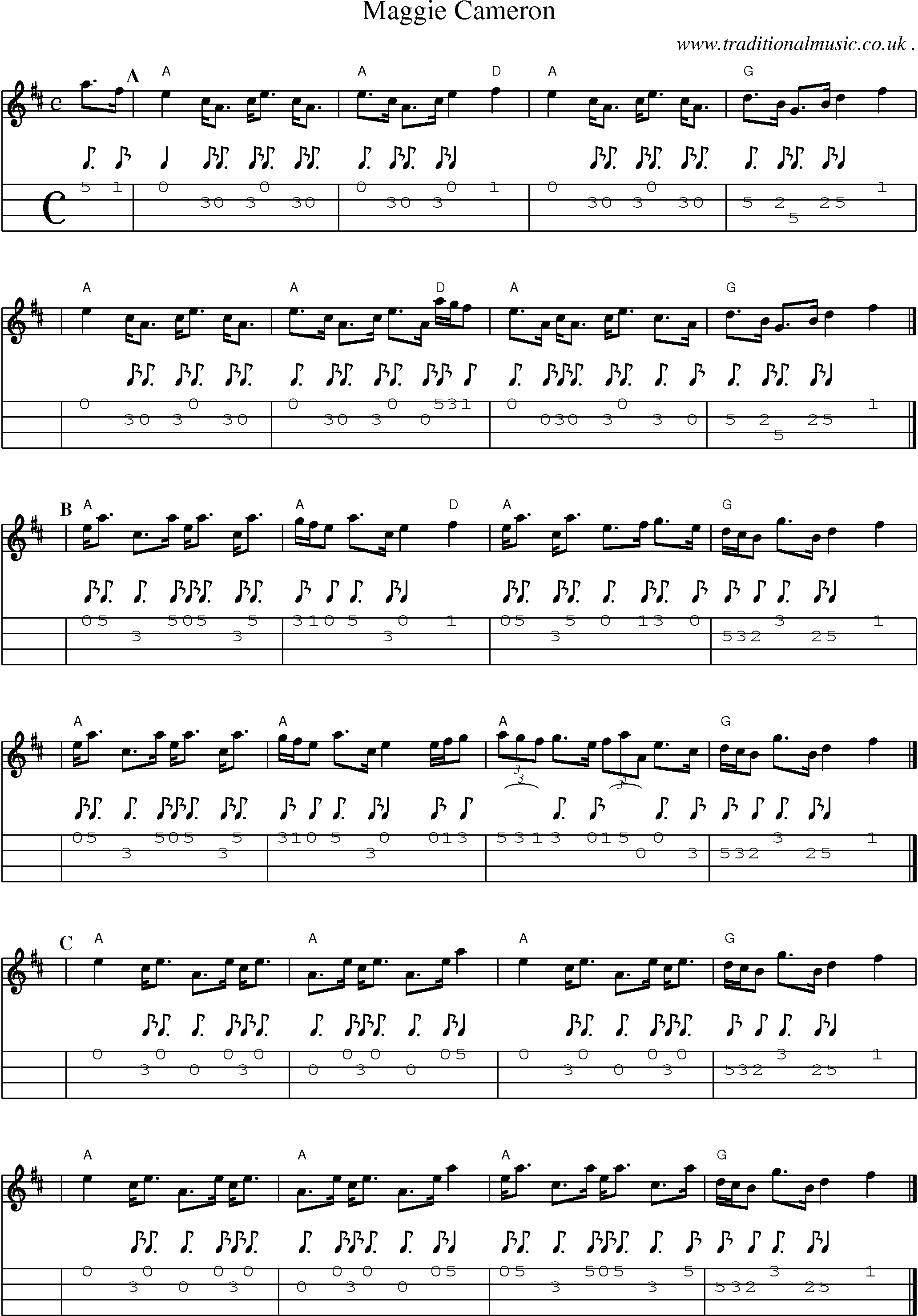 Sheet-music  score, Chords and Mandolin Tabs for Maggie Cameron
