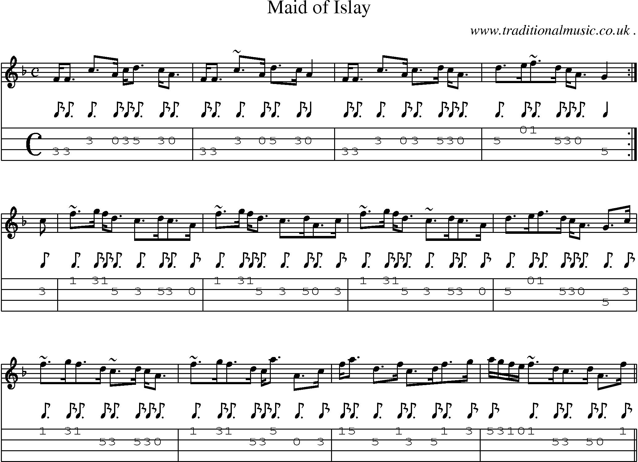 Sheet-music  score, Chords and Mandolin Tabs for Maid Of Islay