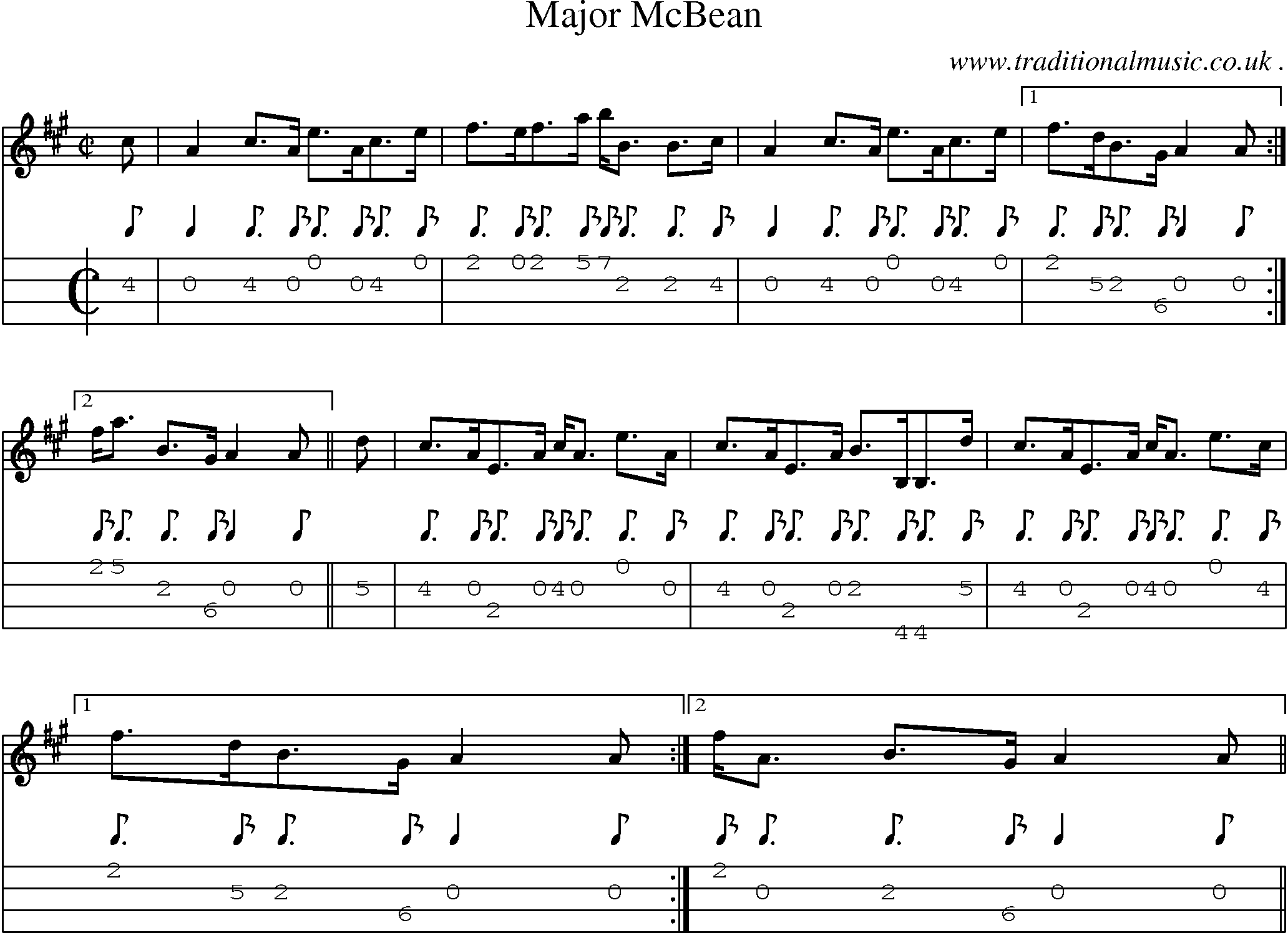 Sheet-music  score, Chords and Mandolin Tabs for Major Mcbean
