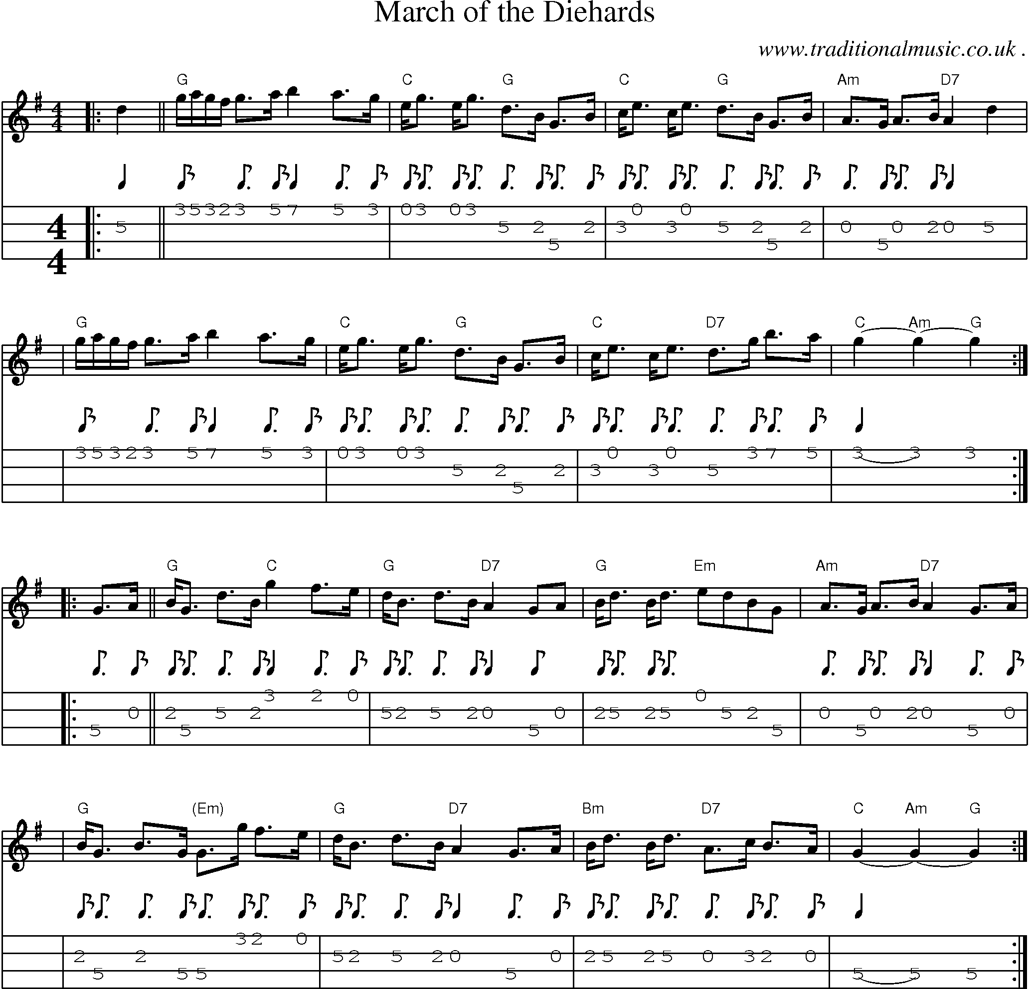 Sheet-music  score, Chords and Mandolin Tabs for March Of The Diehards