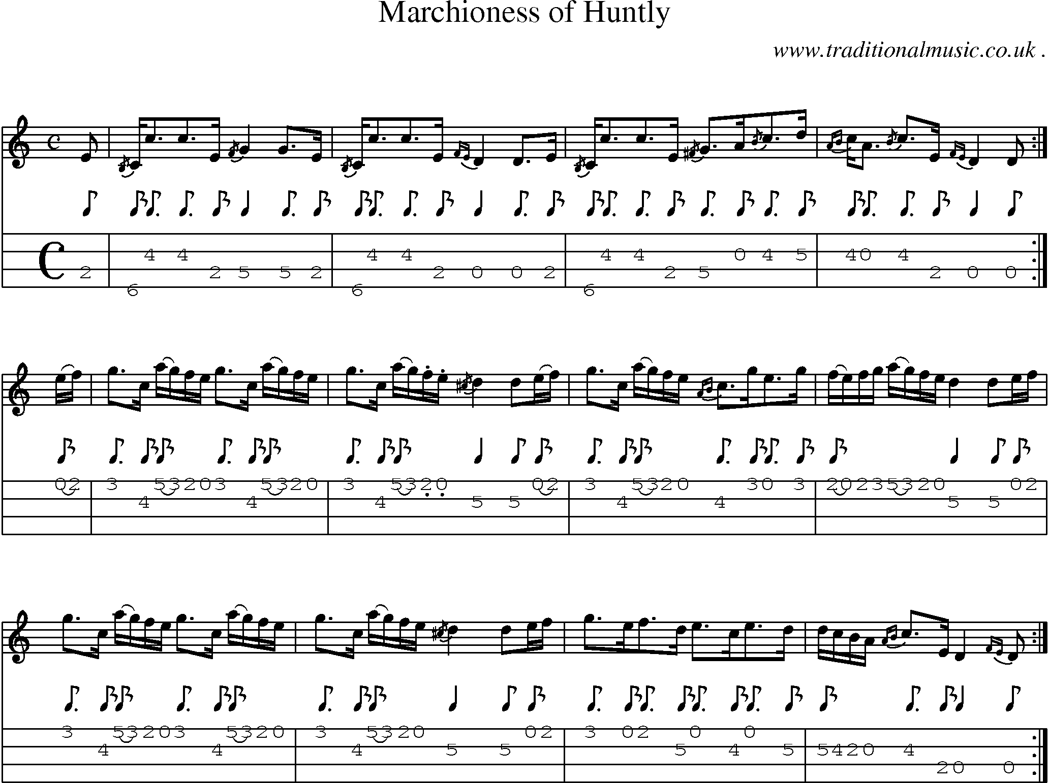 Sheet-music  score, Chords and Mandolin Tabs for Marchioness Of Huntly