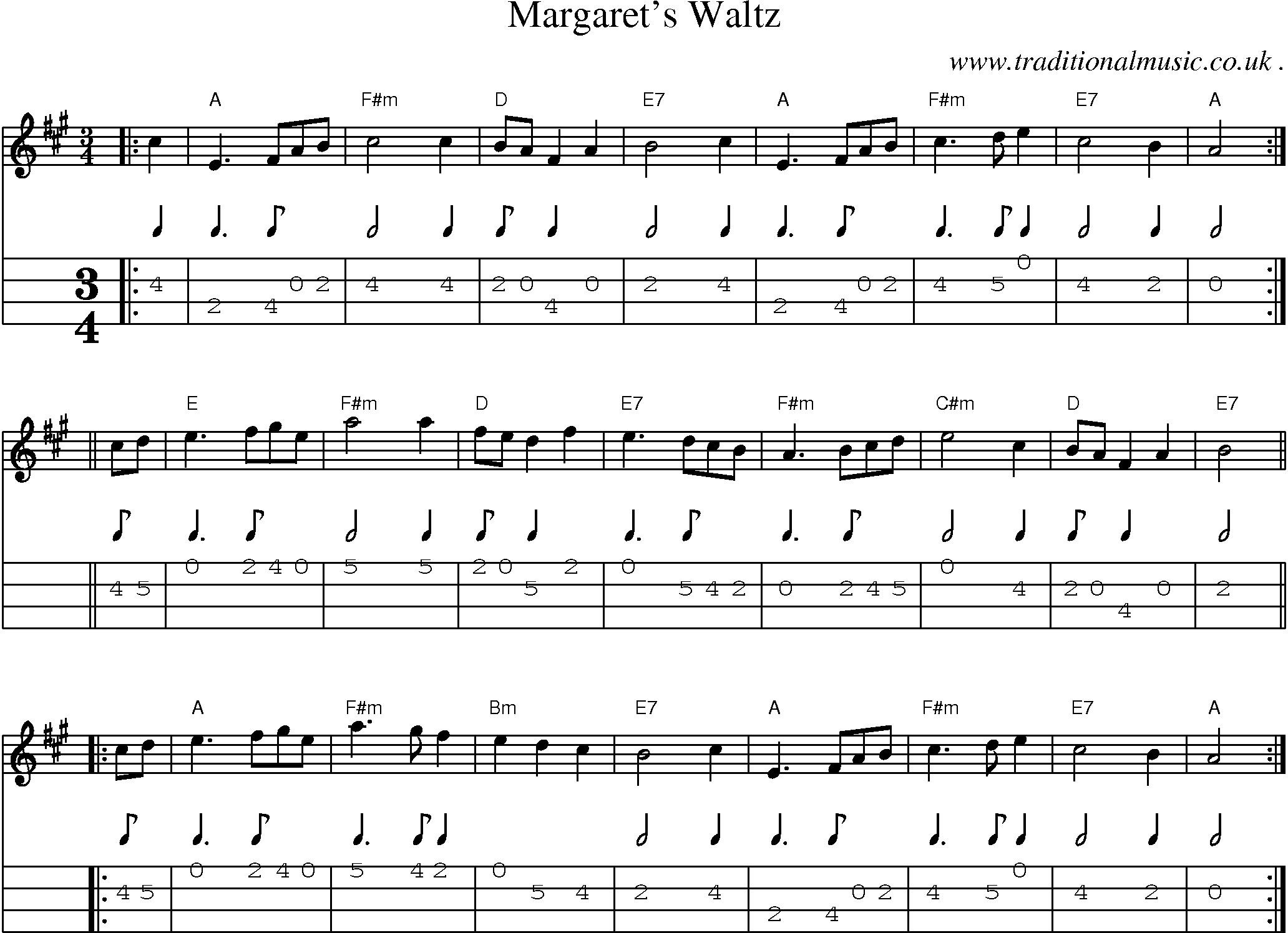 Sheet-music  score, Chords and Mandolin Tabs for Margarets Waltz1