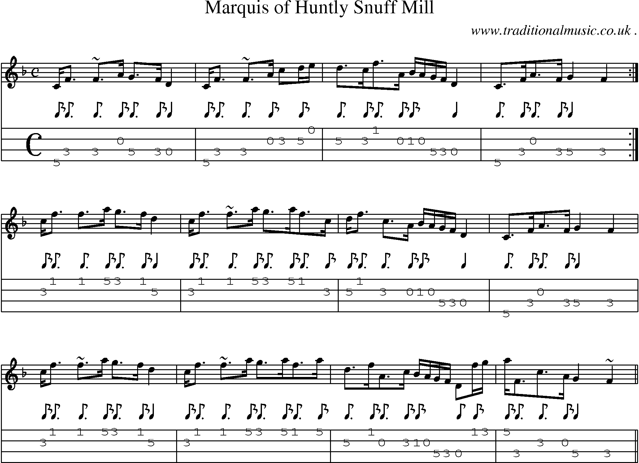 Sheet-music  score, Chords and Mandolin Tabs for Marquis Of Huntly Snuff Mill