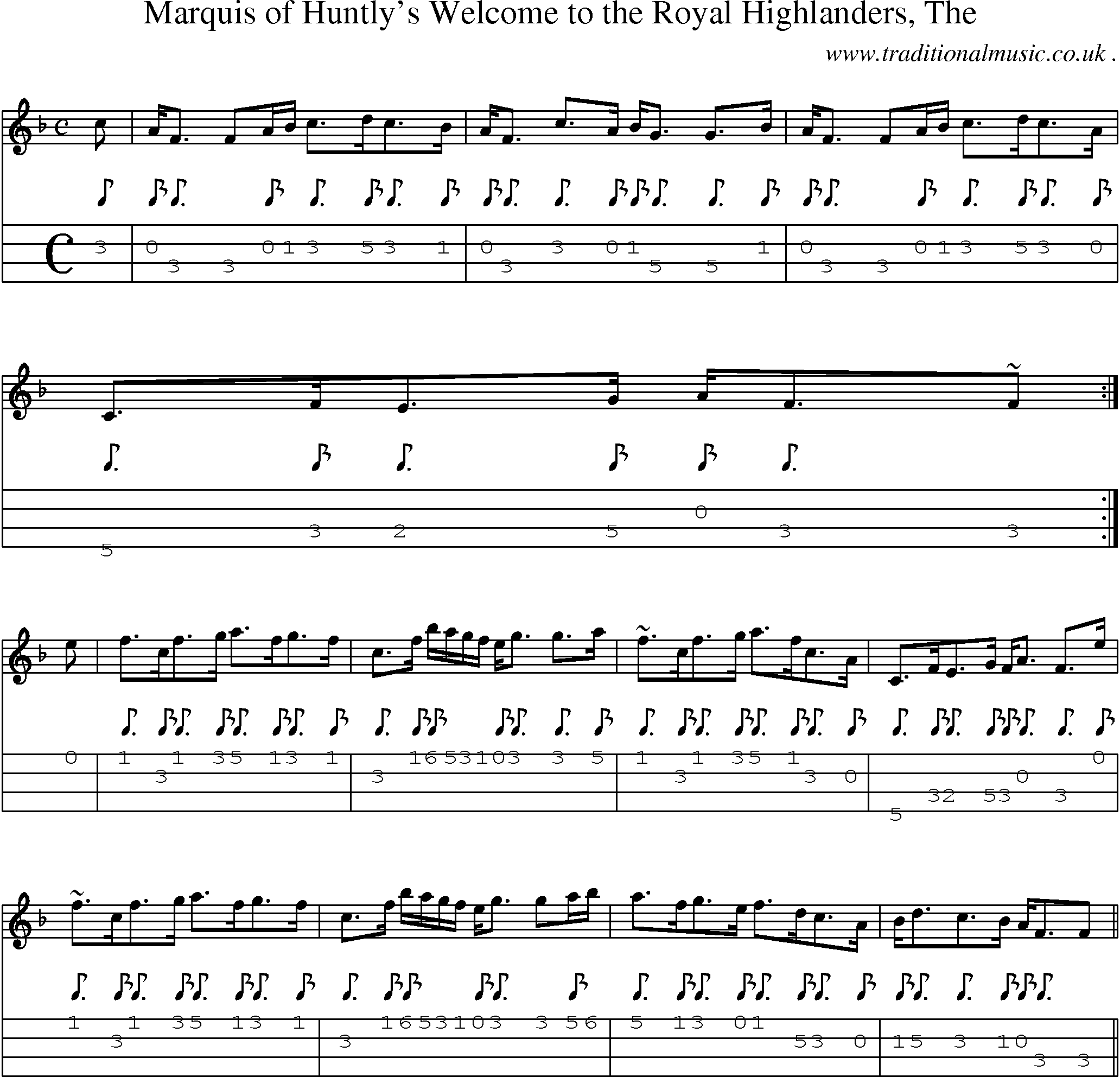 Sheet-music  score, Chords and Mandolin Tabs for Marquis Of Huntlys Welcome To The Royal Highlanders The