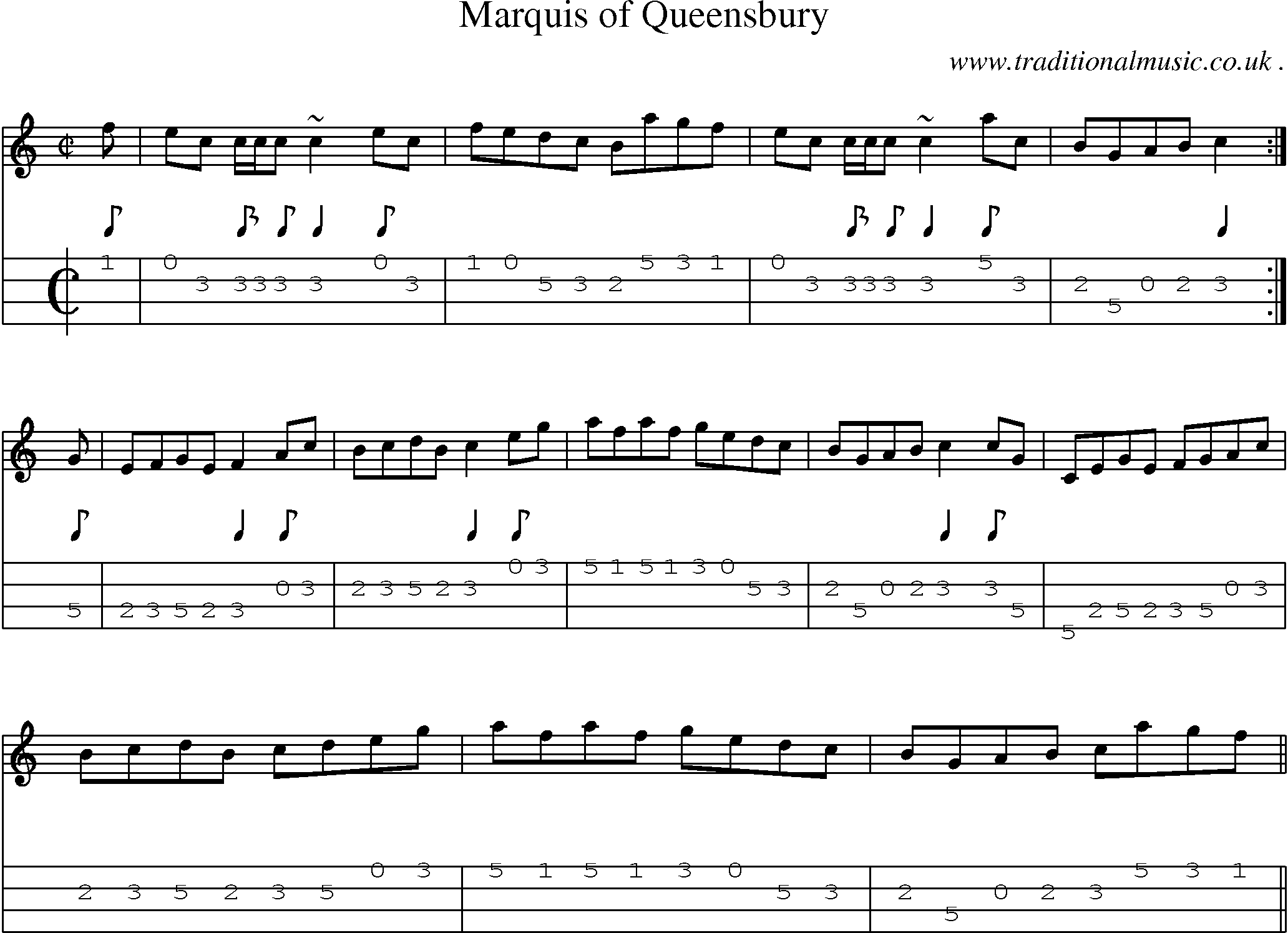 Sheet-music  score, Chords and Mandolin Tabs for Marquis Of Queensbury