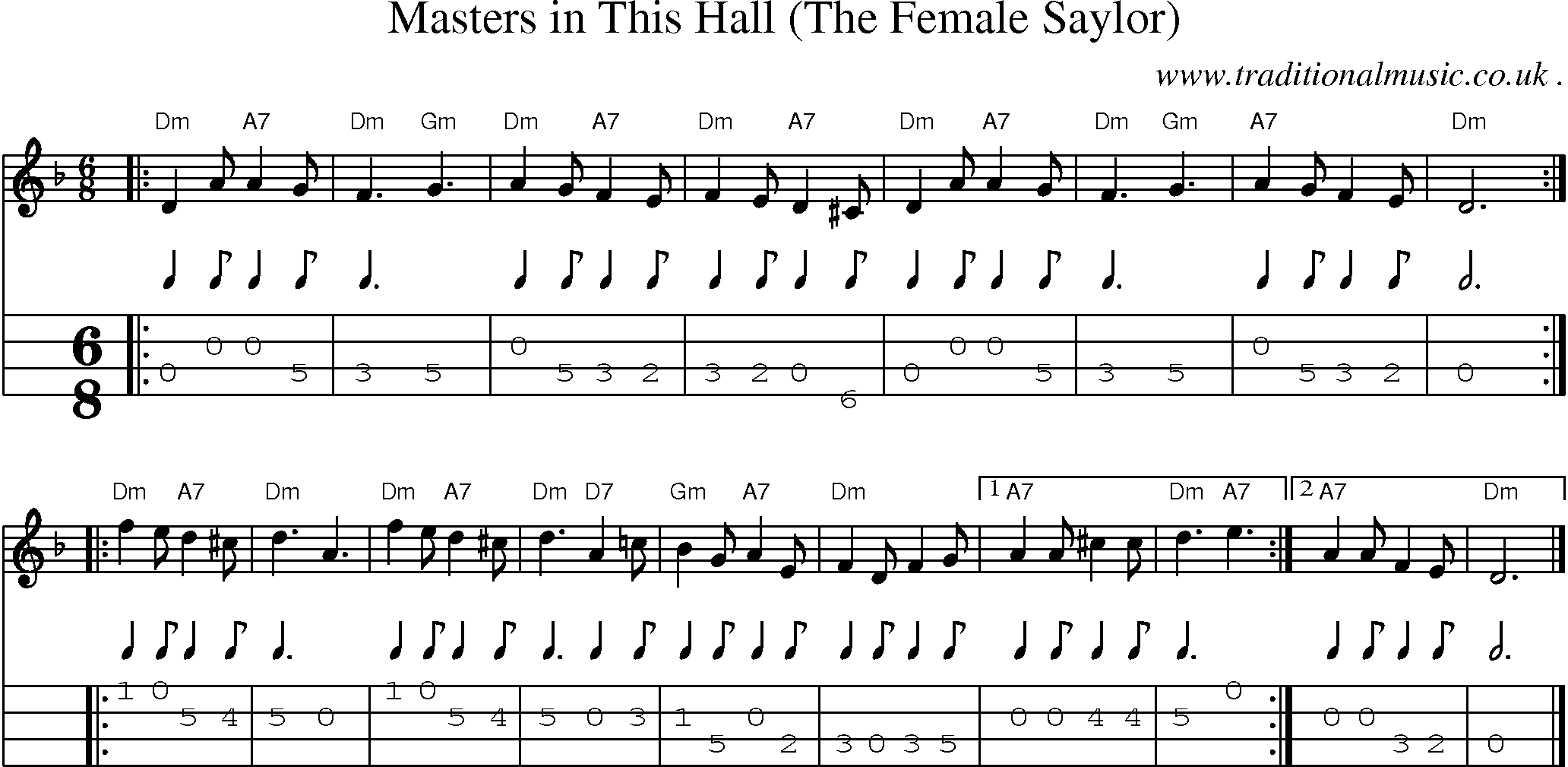 Sheet-music  score, Chords and Mandolin Tabs for Masters In This Hall The Female Saylor