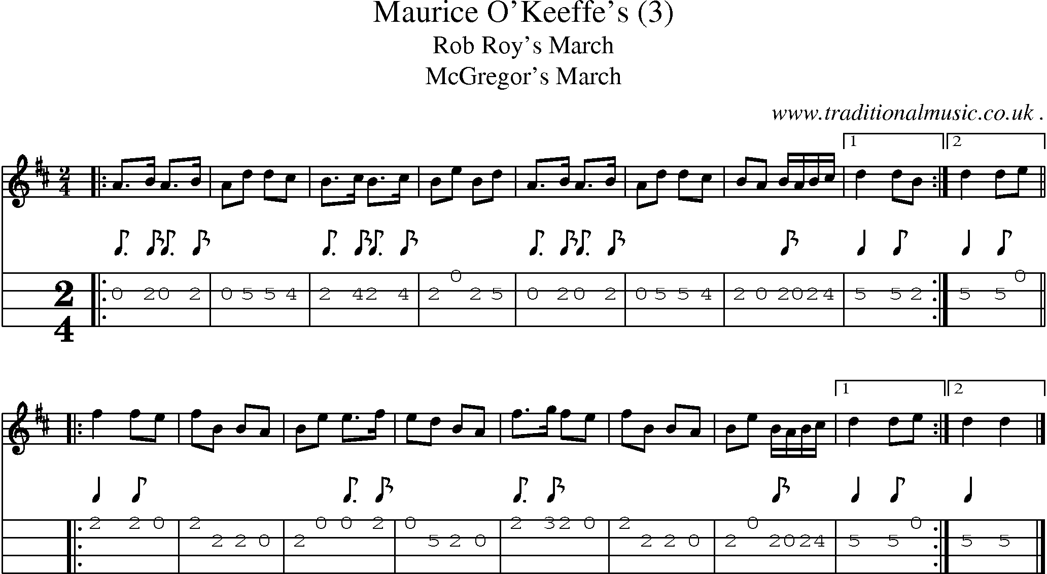 Sheet-music  score, Chords and Mandolin Tabs for Maurice Okeeffes 3
