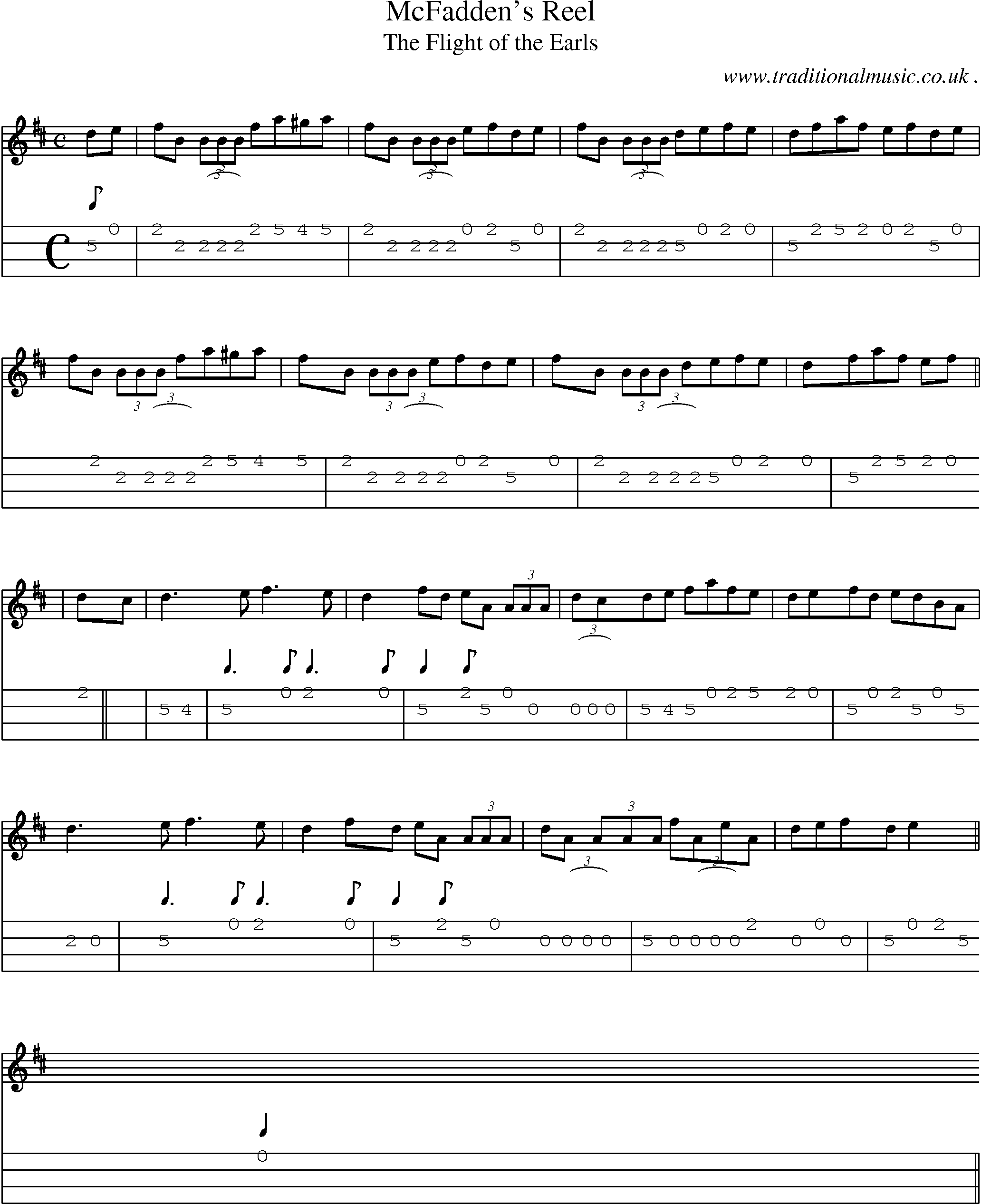 Sheet-music  score, Chords and Mandolin Tabs for Mcfaddens Reel