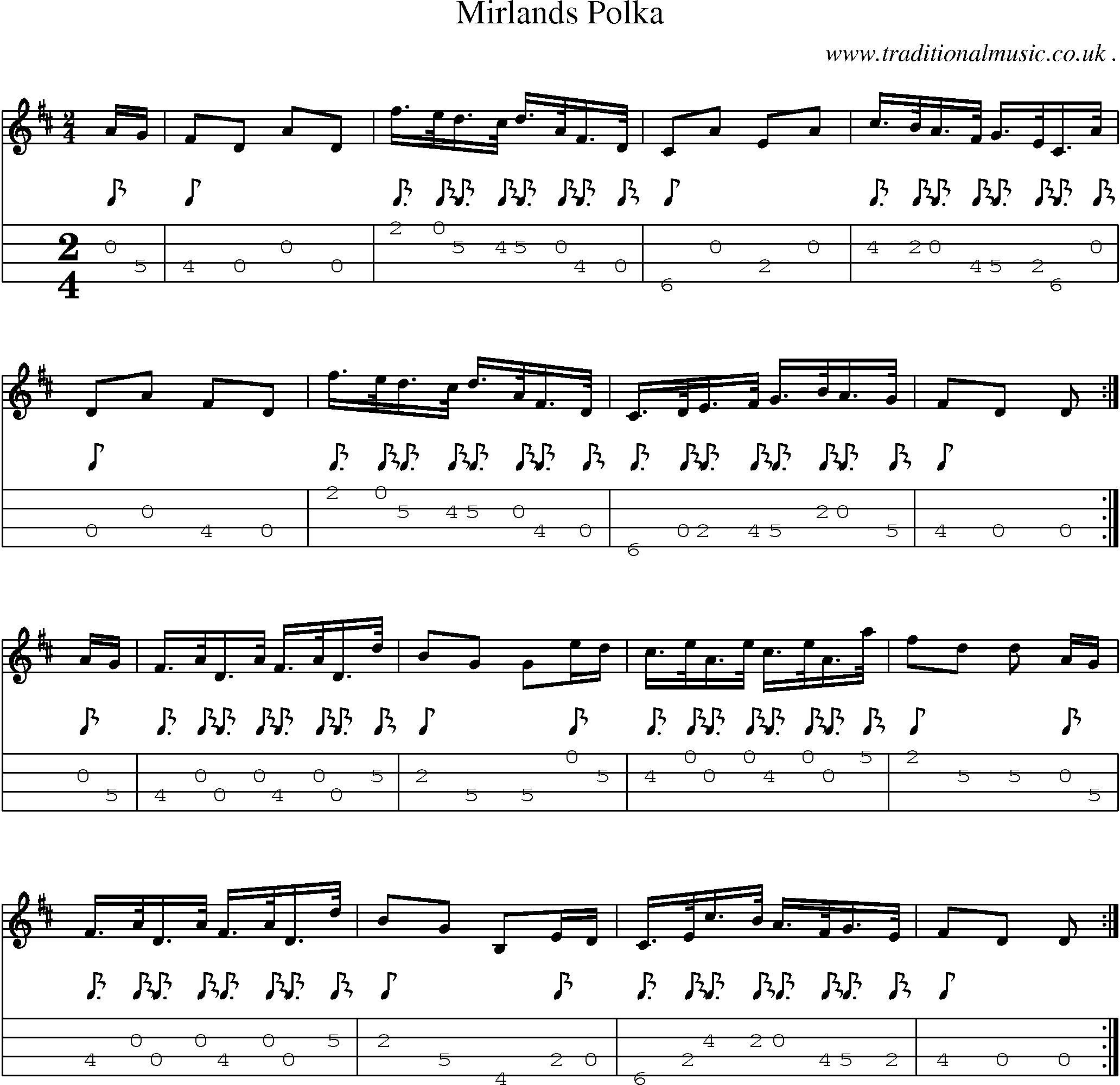 Sheet-music  score, Chords and Mandolin Tabs for Mirlands Polka