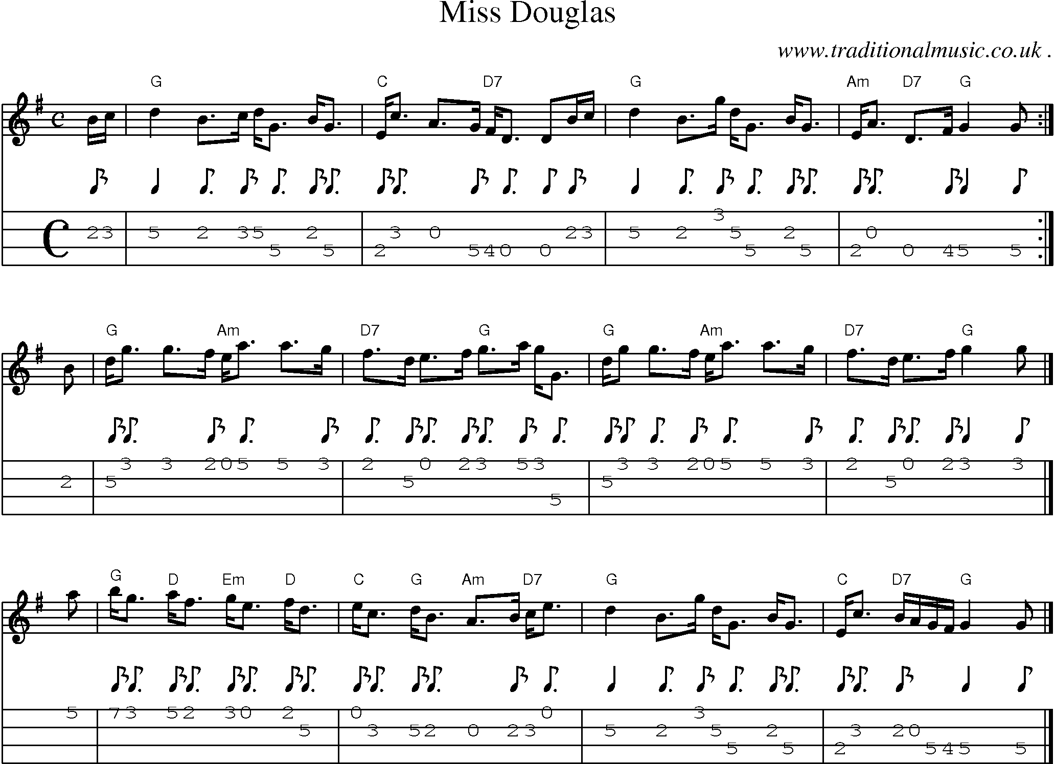 Sheet-music  score, Chords and Mandolin Tabs for Miss Douglas