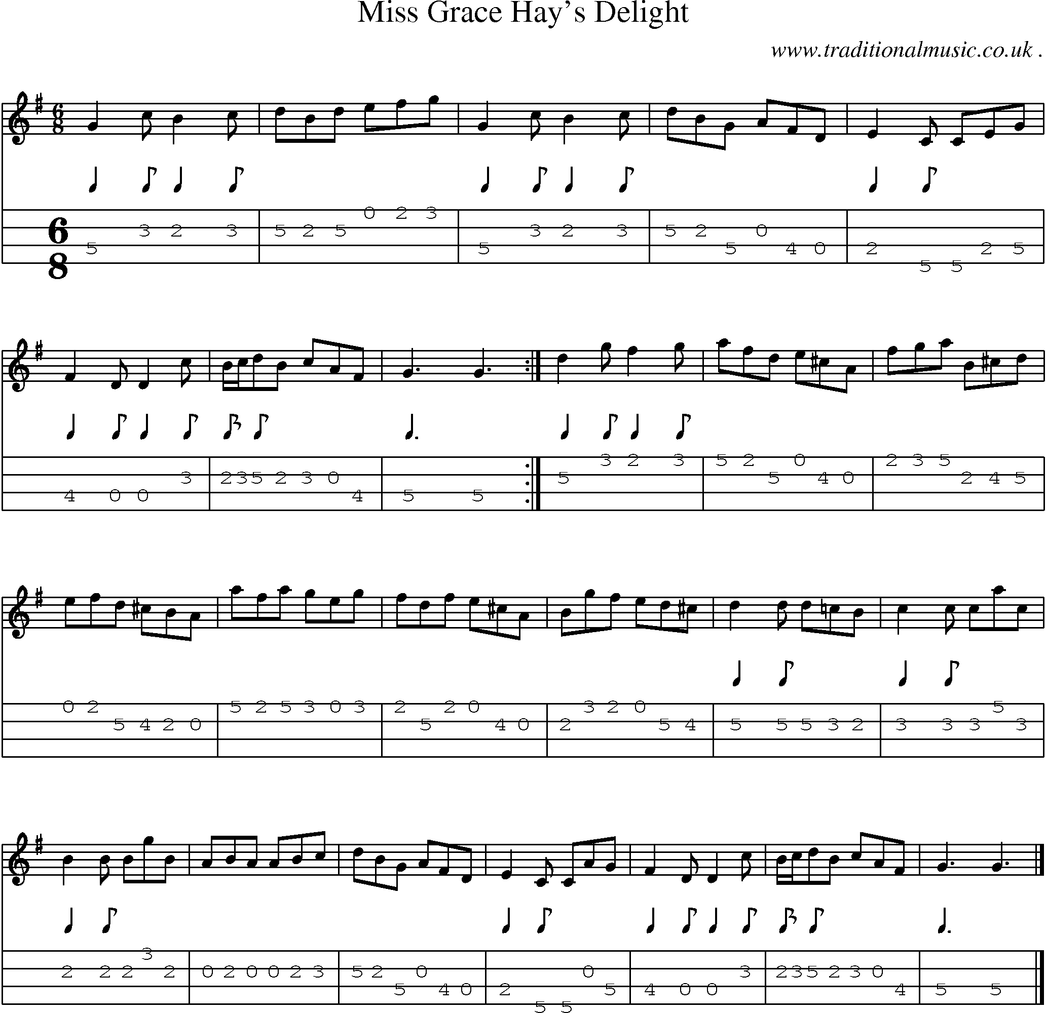 Sheet-music  score, Chords and Mandolin Tabs for Miss Grace Hays Delight