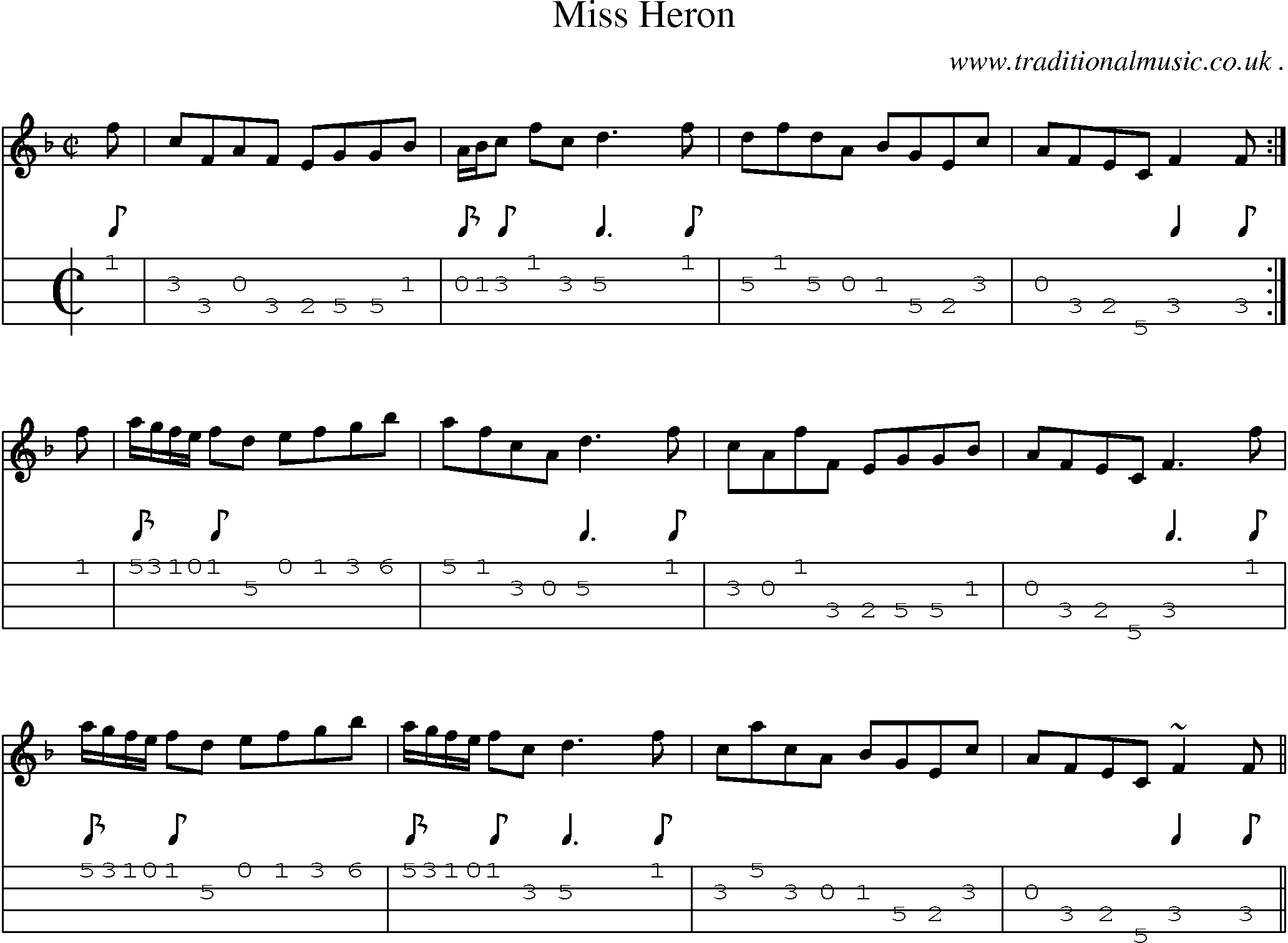 Sheet-music  score, Chords and Mandolin Tabs for Miss Heron