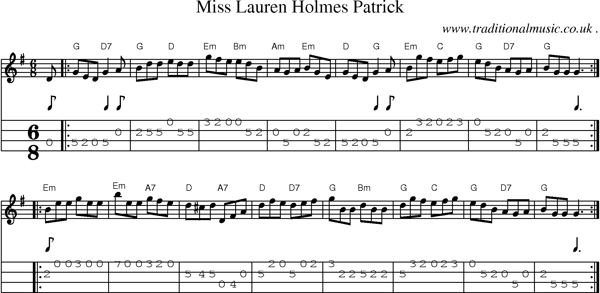 Sheet-music  score, Chords and Mandolin Tabs for Miss Lauren Holmes Patrick