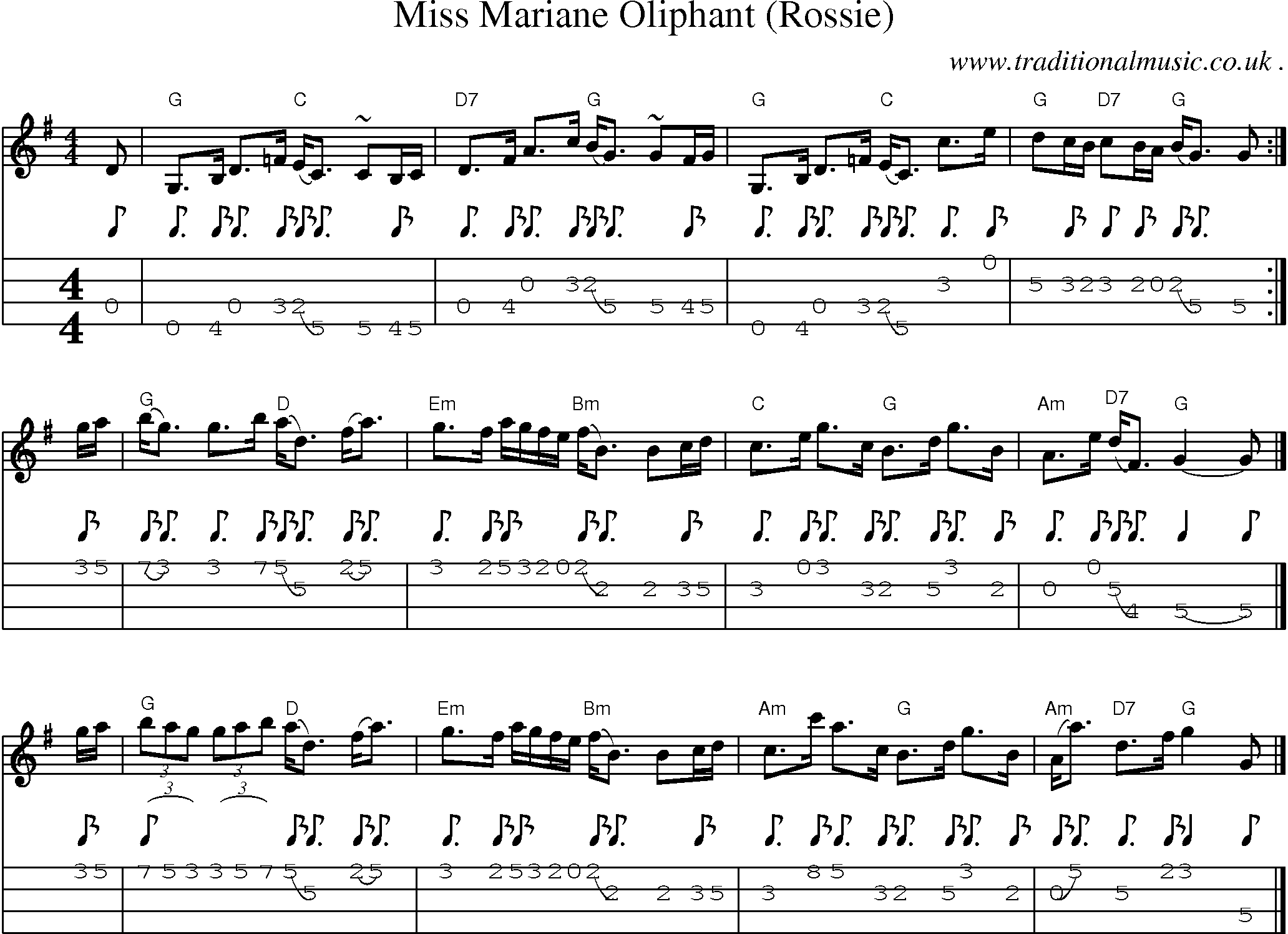Sheet-music  score, Chords and Mandolin Tabs for Miss Mariane Oliphant Rossie