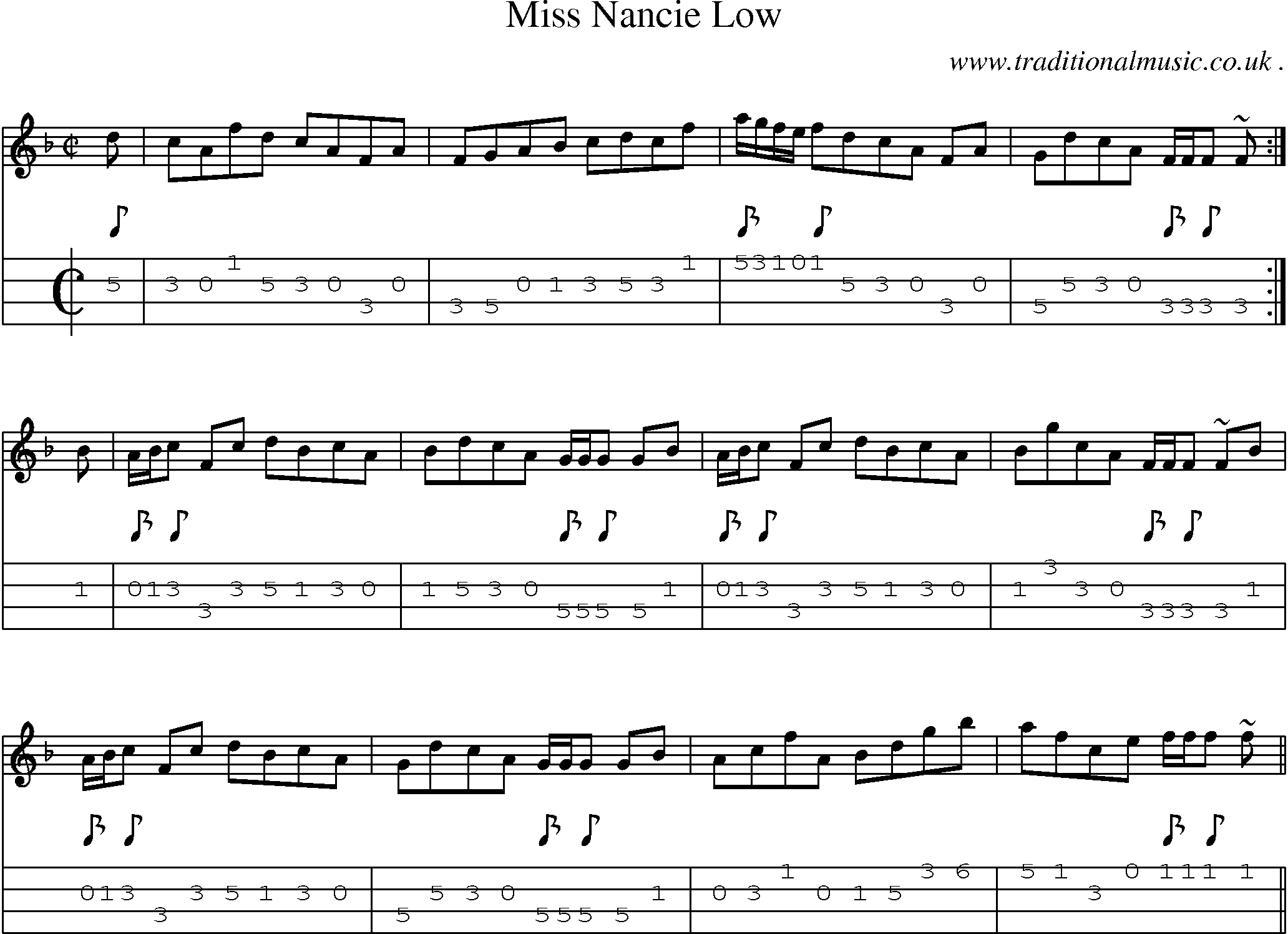 Sheet-music  score, Chords and Mandolin Tabs for Miss Nancie Low