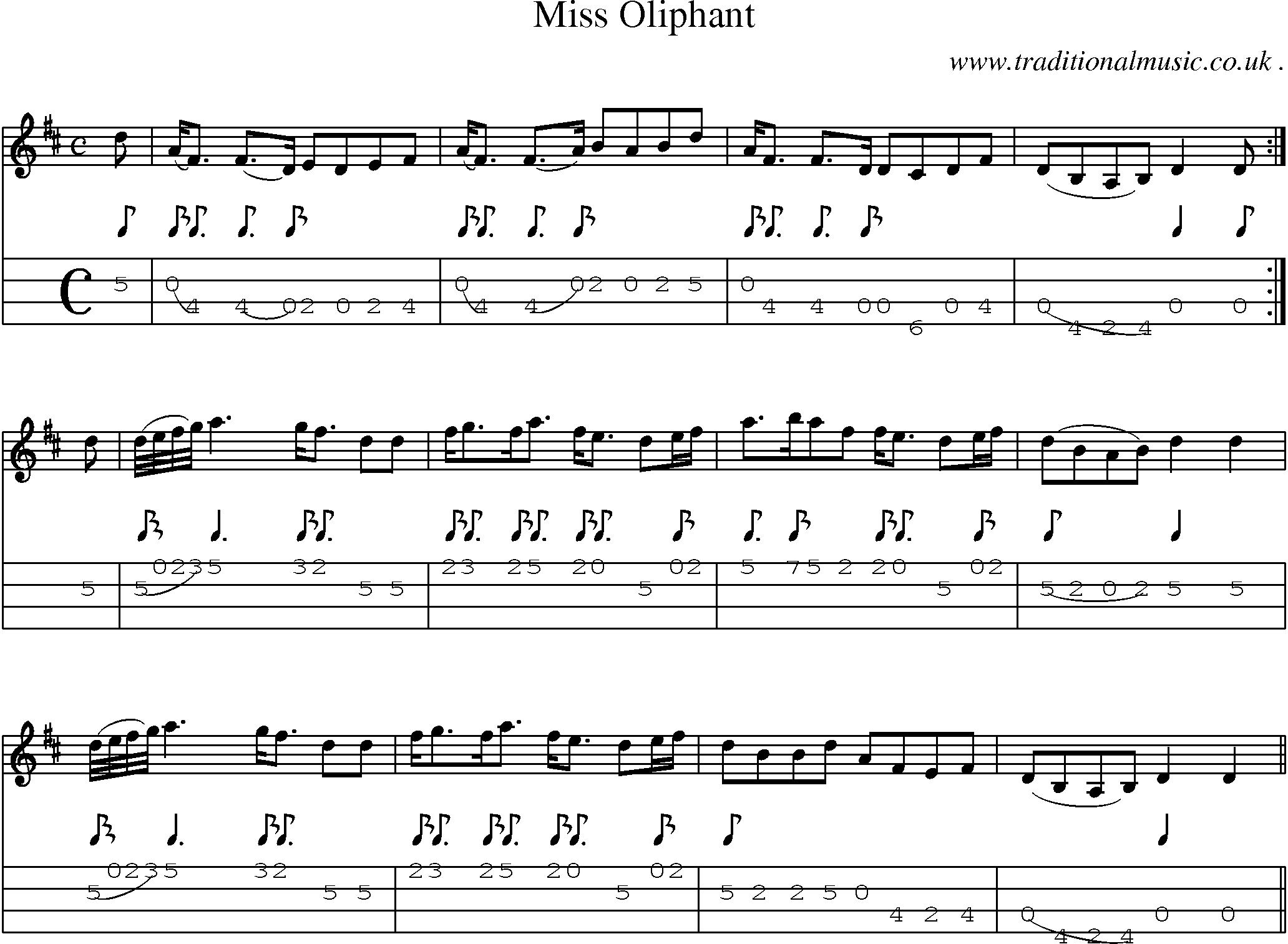 Sheet-music  score, Chords and Mandolin Tabs for Miss Oliphant