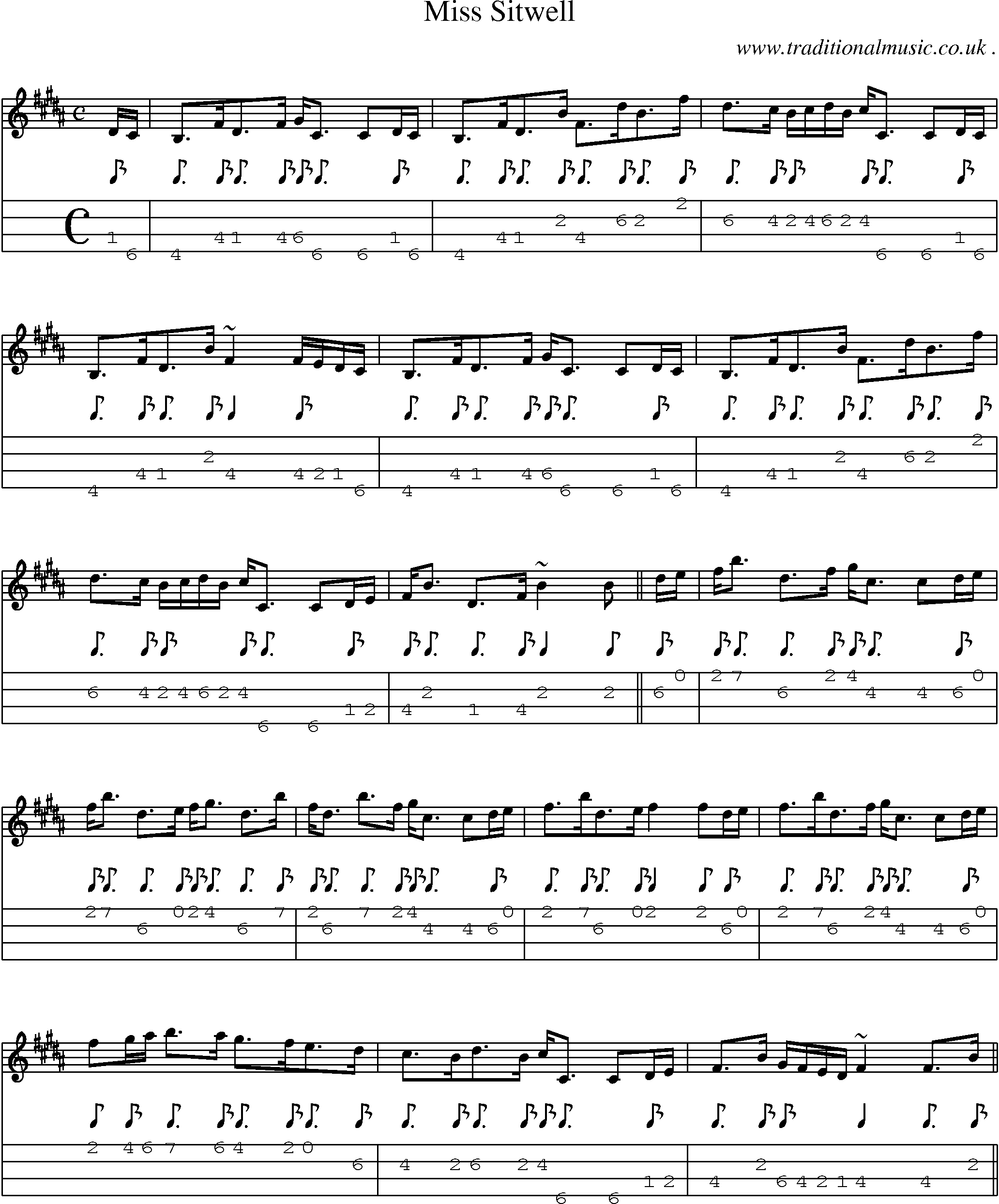 Sheet-music  score, Chords and Mandolin Tabs for Miss Sitwell