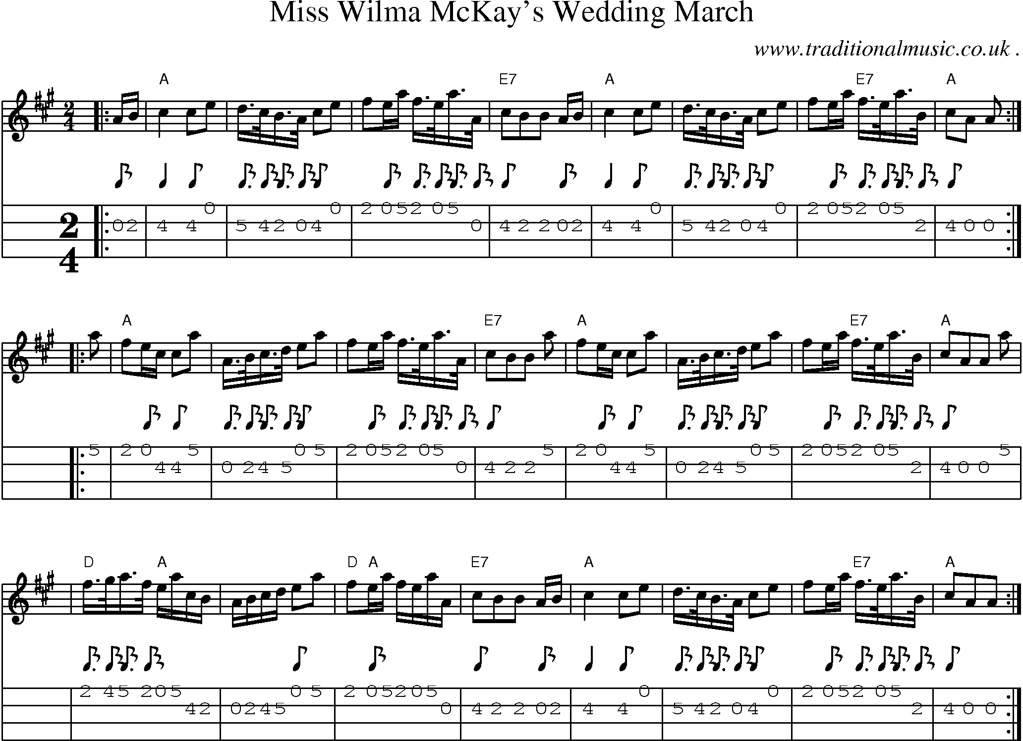 Sheet-music  score, Chords and Mandolin Tabs for Miss Wilma Mckays Wedding March