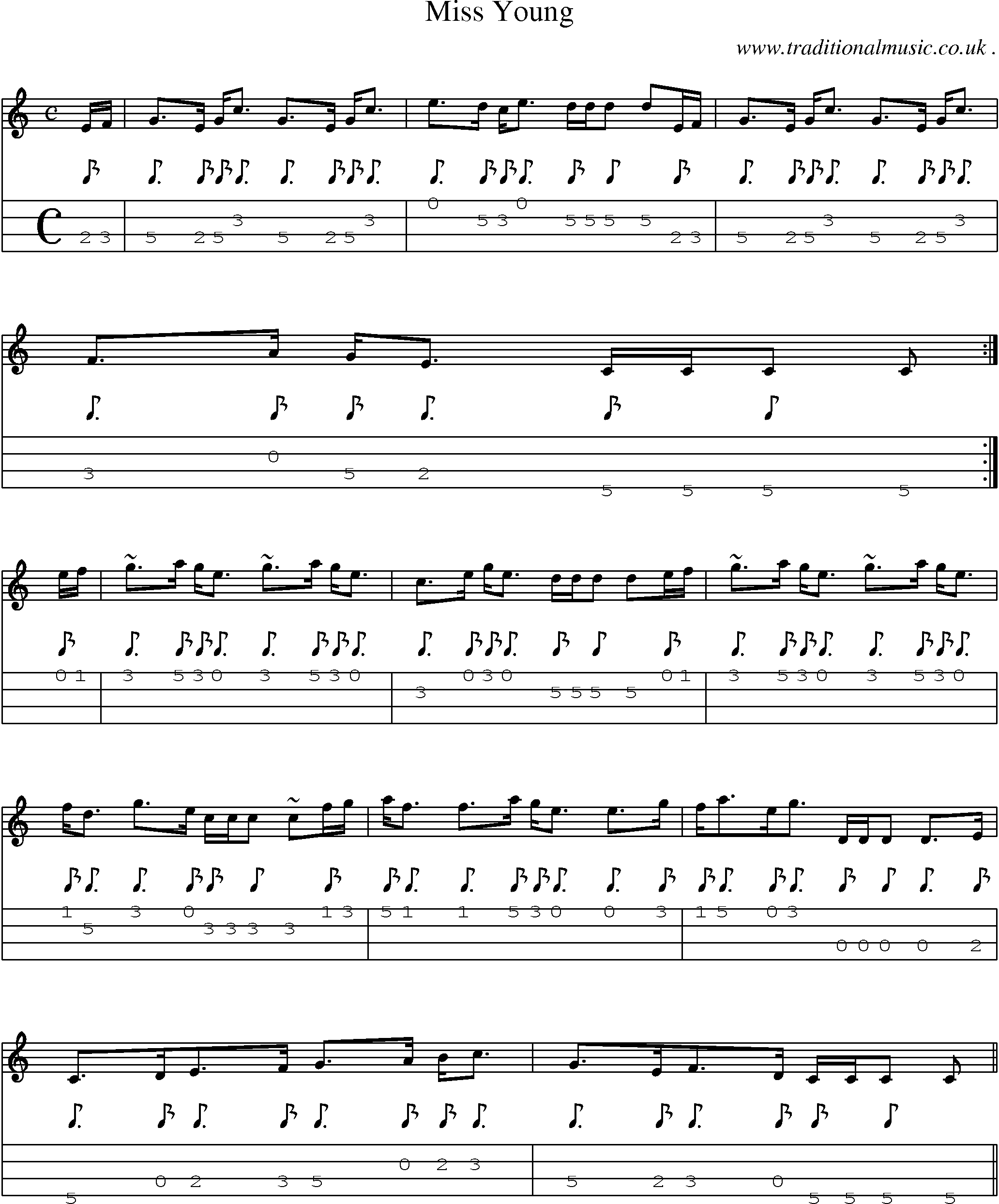 Sheet-music  score, Chords and Mandolin Tabs for Miss Young