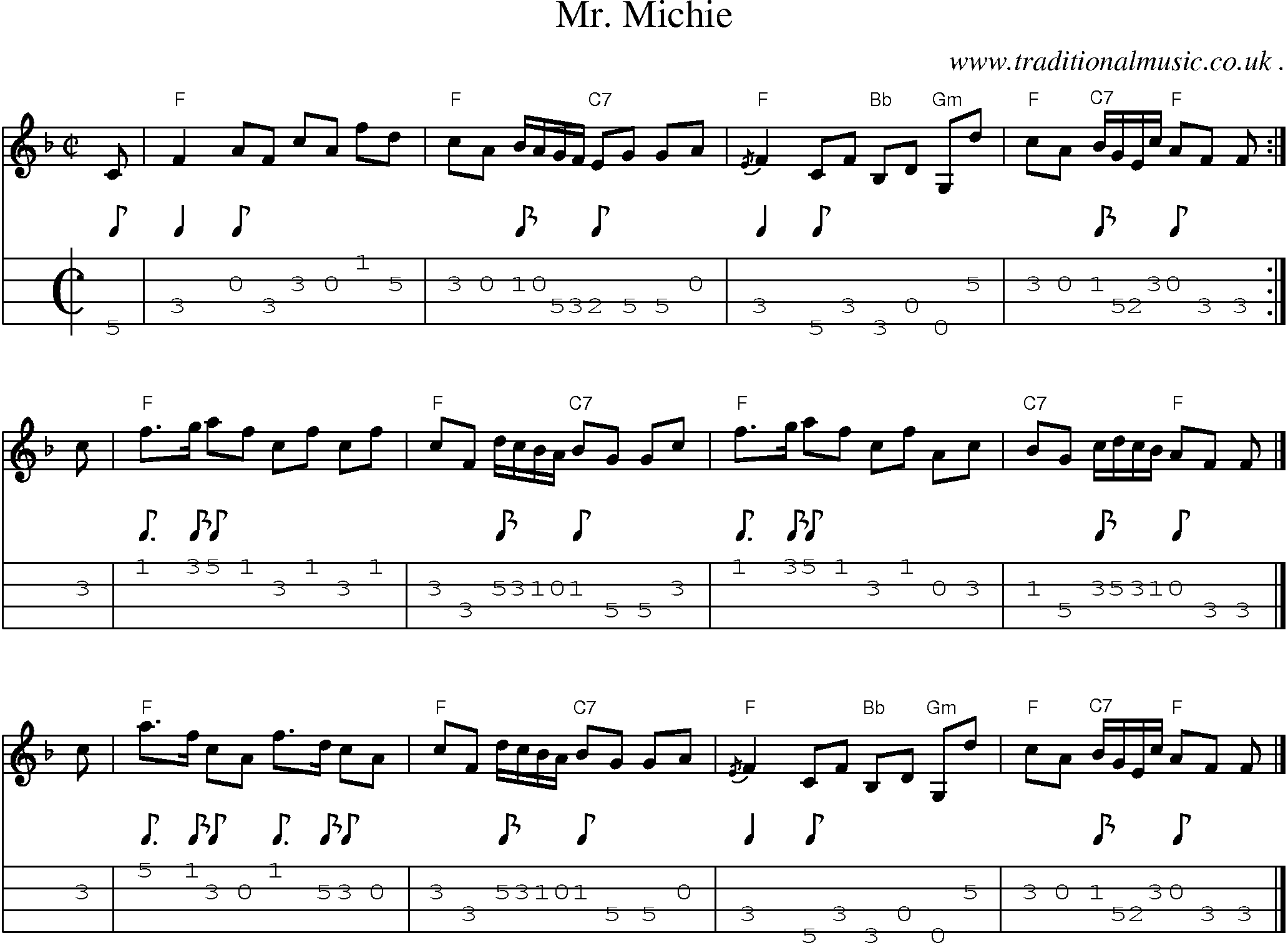 Sheet-music  score, Chords and Mandolin Tabs for Mr Michie
