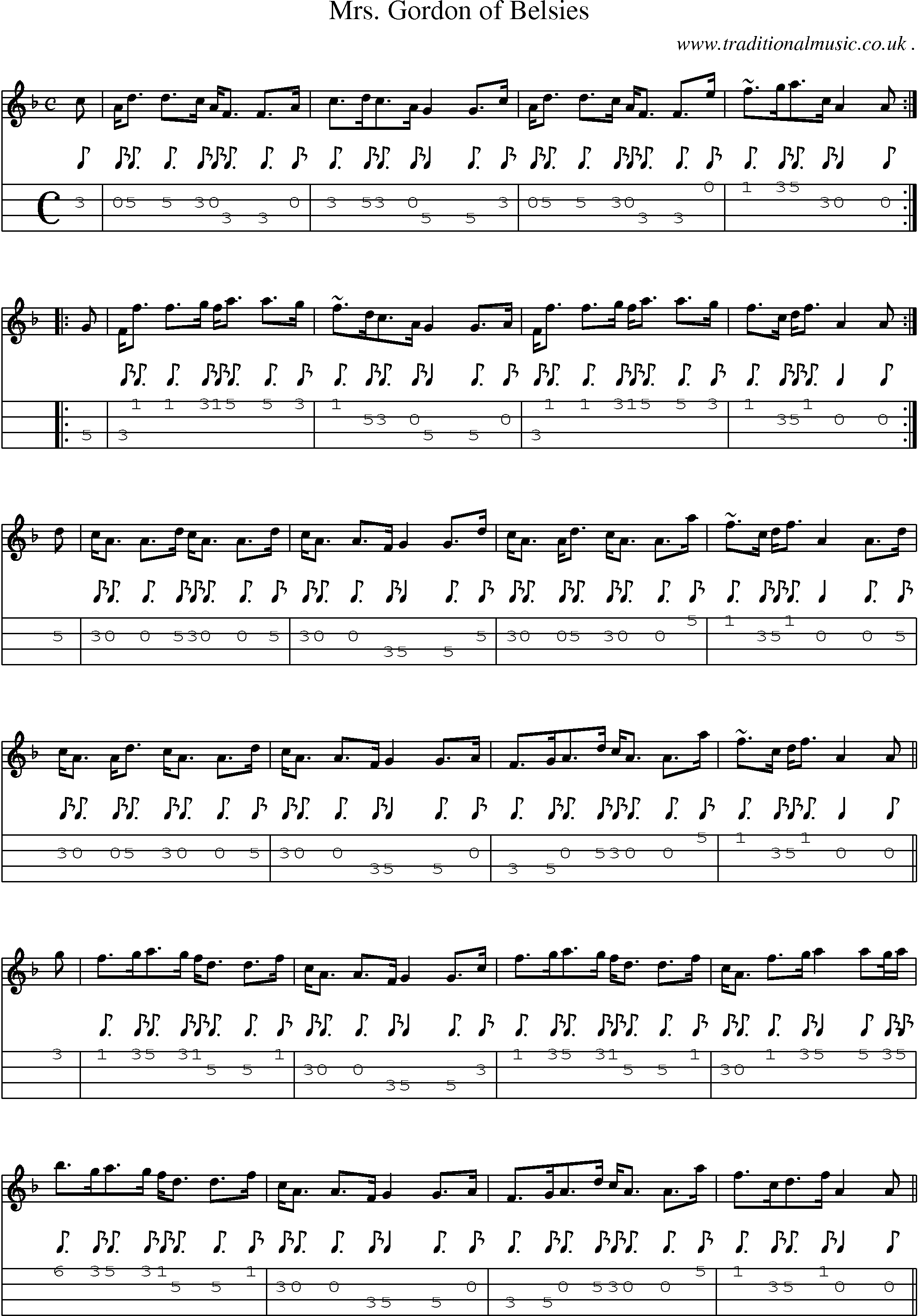 Sheet-music  score, Chords and Mandolin Tabs for Mrs Gordon Of Belsies 