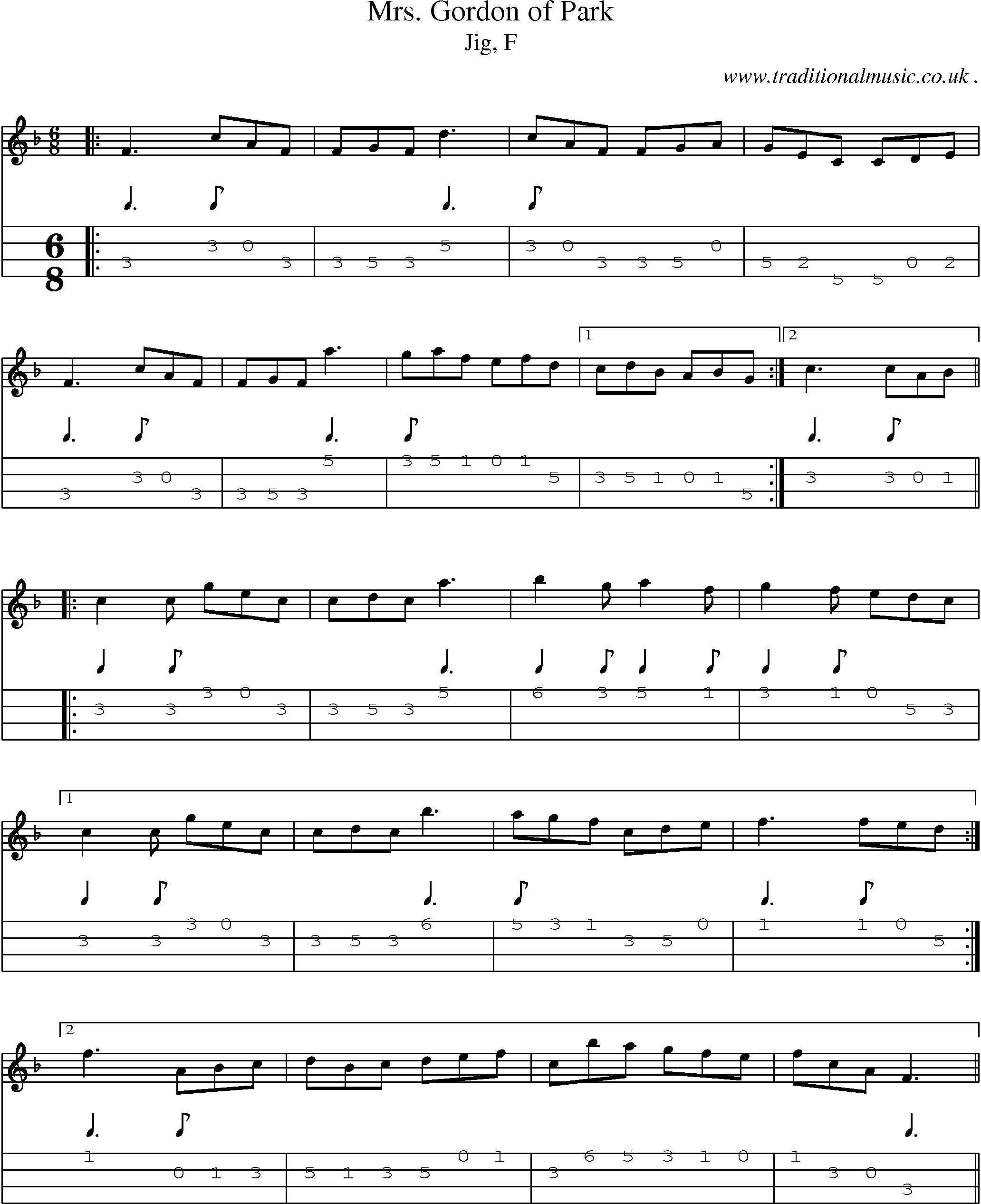 Sheet-music  score, Chords and Mandolin Tabs for Mrs Gordon Of Park