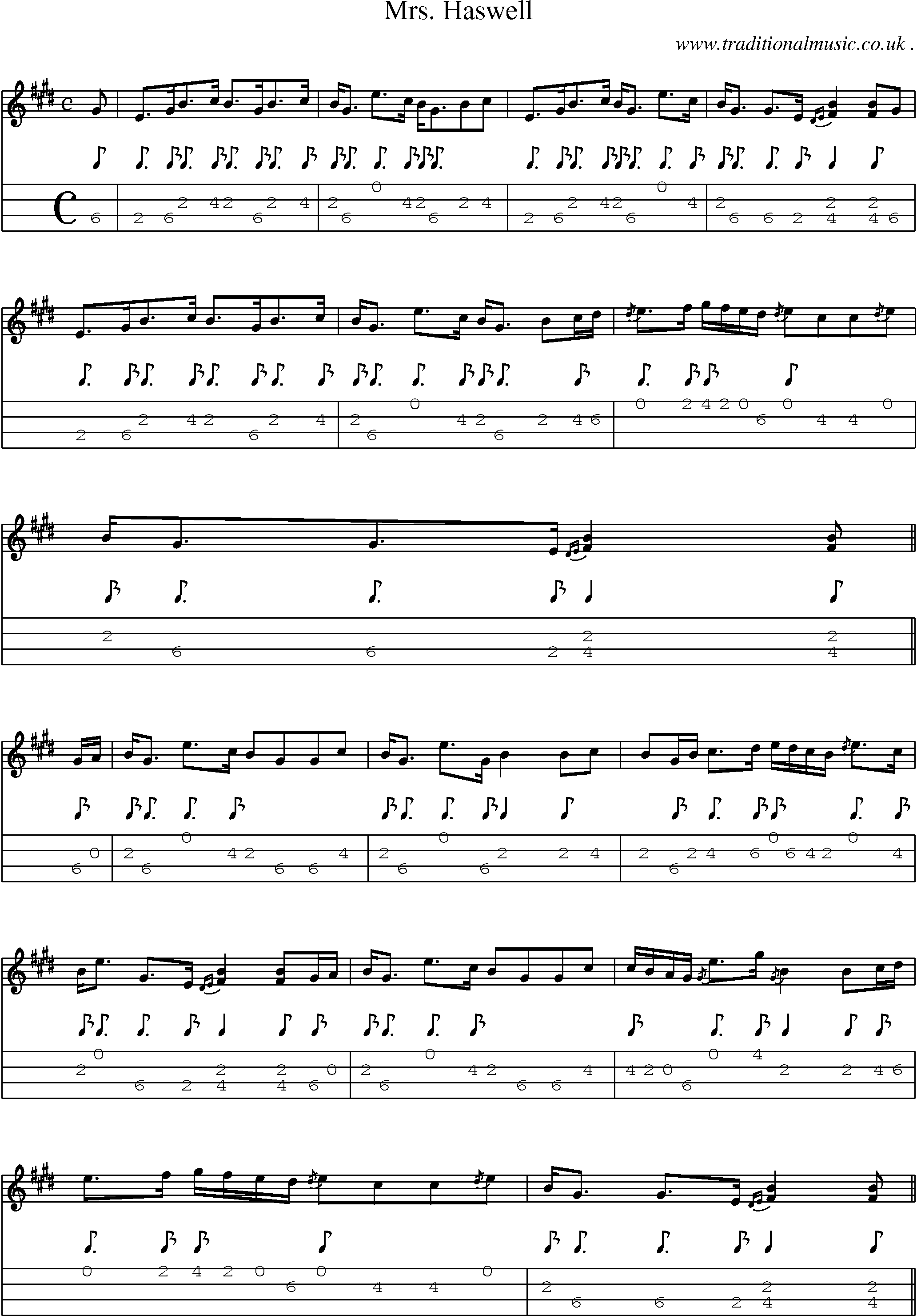 Sheet-music  score, Chords and Mandolin Tabs for Mrs Haswell