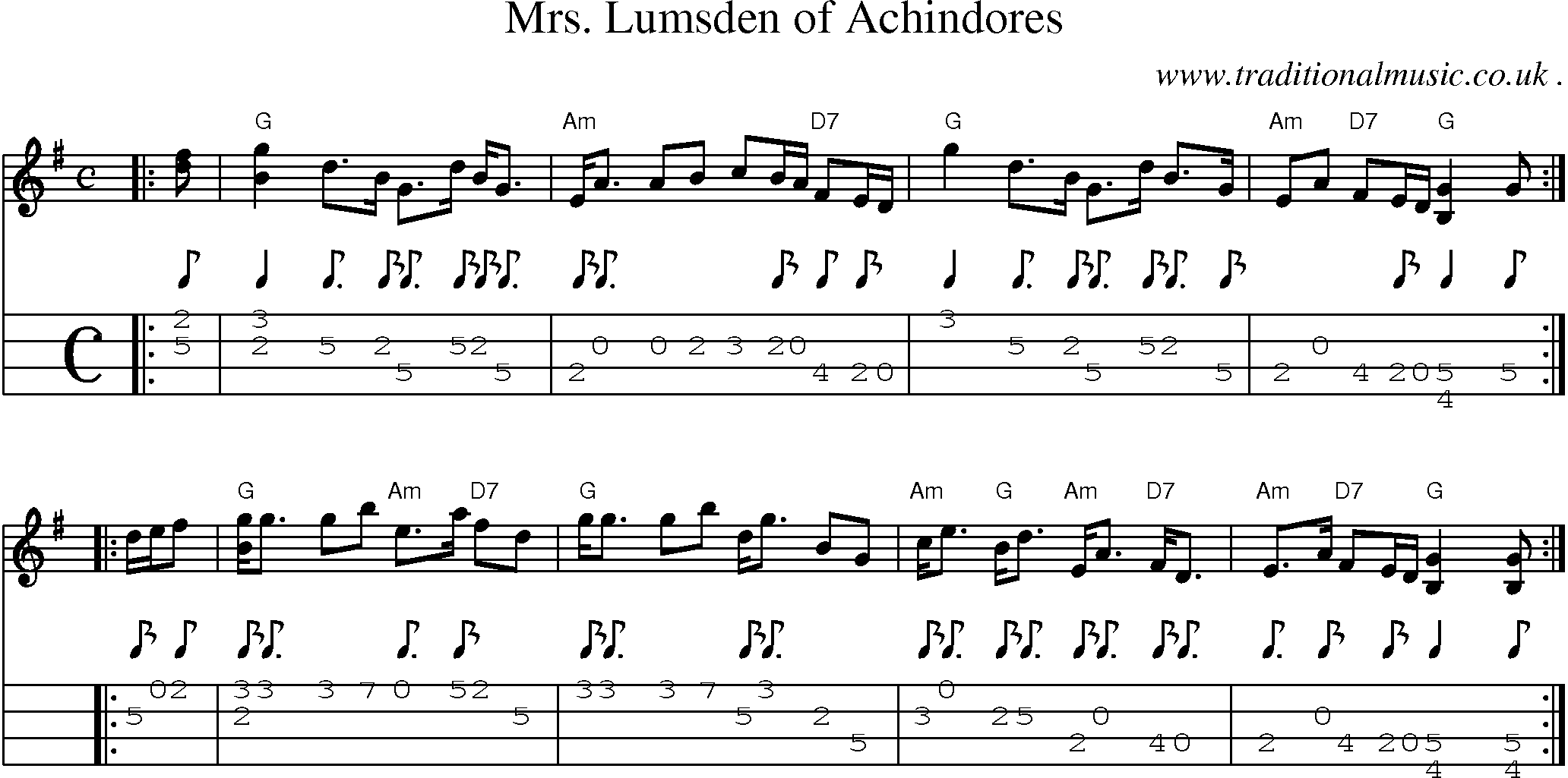 Sheet-music  score, Chords and Mandolin Tabs for Mrs Lumsden Of Achindores