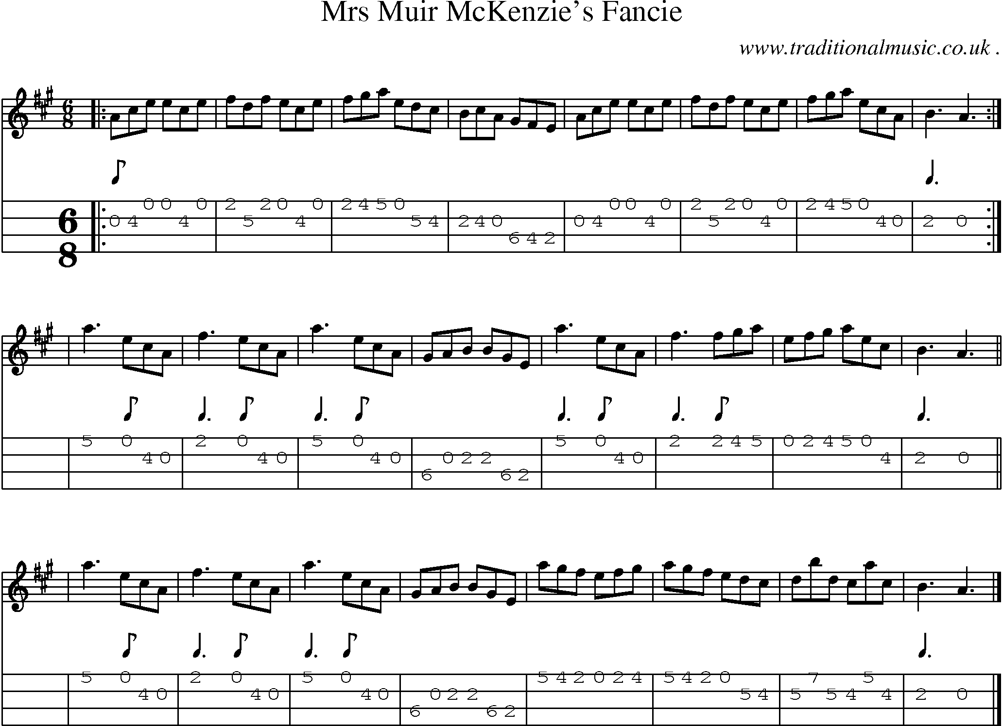 Sheet-music  score, Chords and Mandolin Tabs for Mrs Muir Mckenzies Fancie