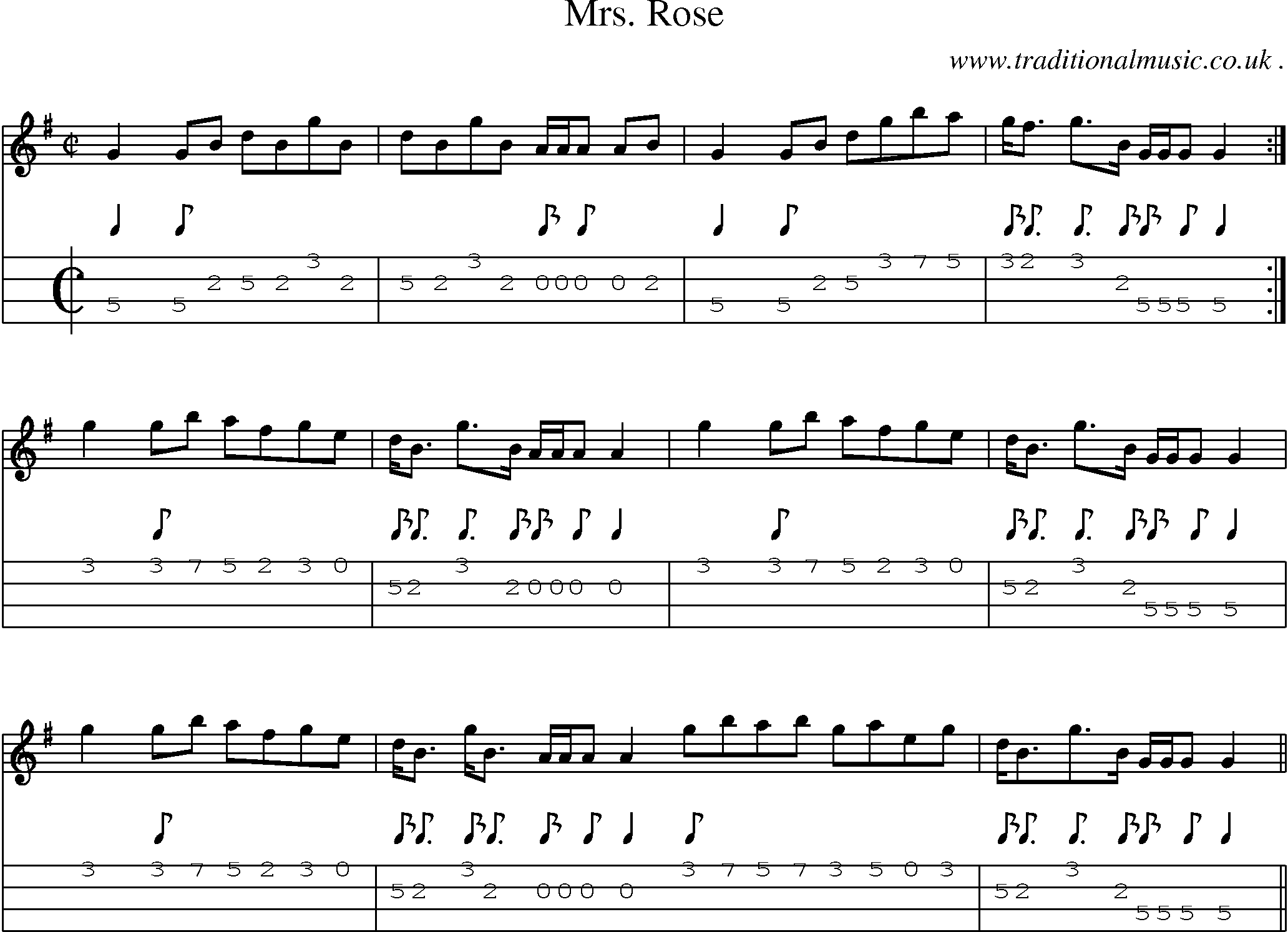 Sheet-music  score, Chords and Mandolin Tabs for Mrs Rose