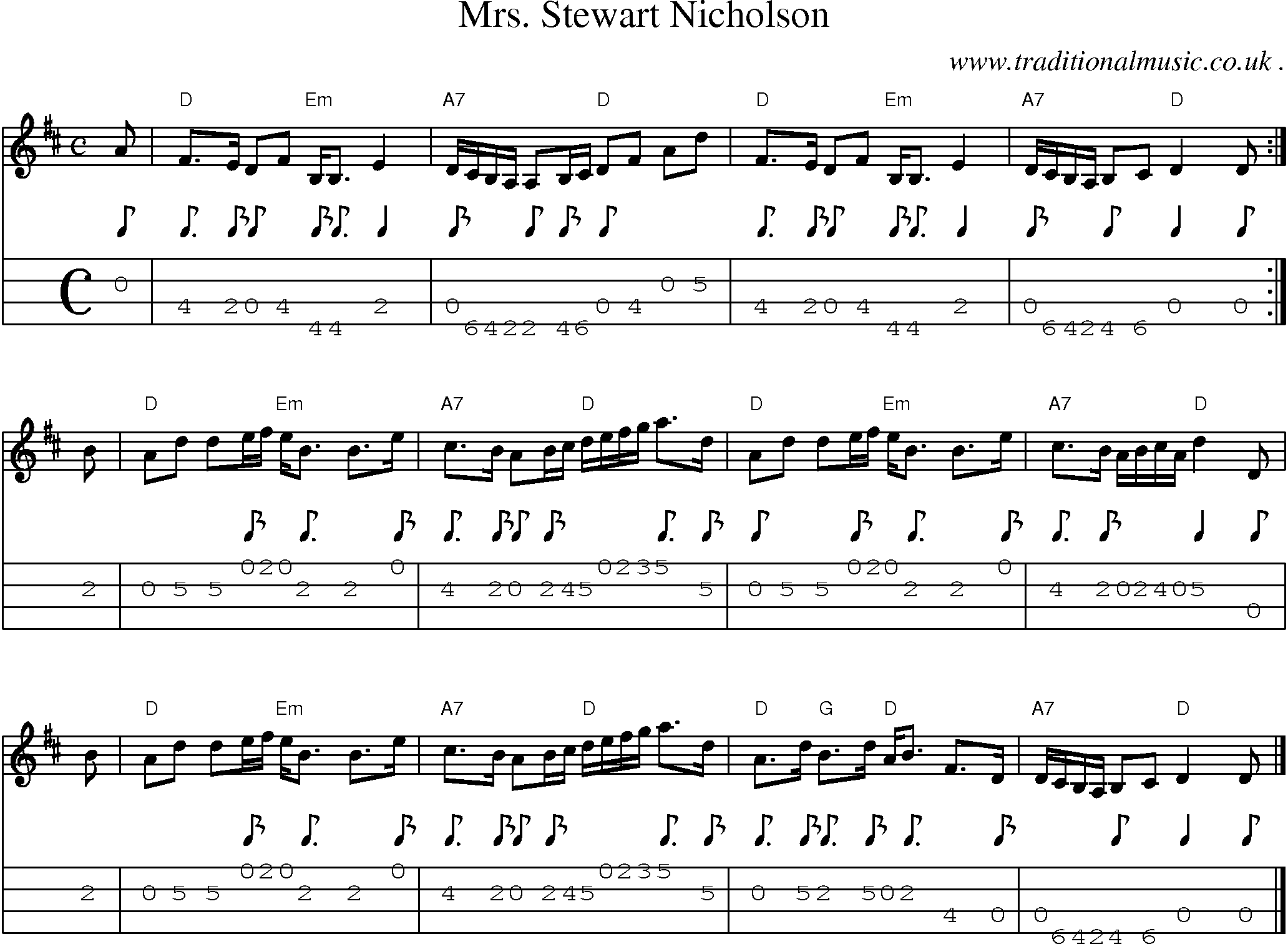 Sheet-music  score, Chords and Mandolin Tabs for Mrs Stewart Nicholson